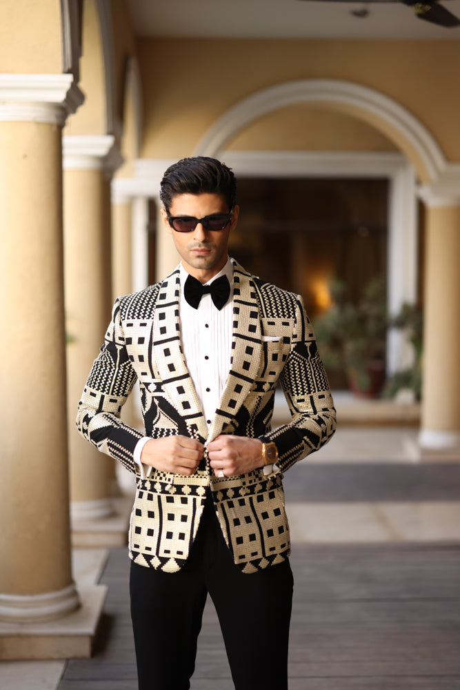 Beige & Black Sequin Suiting Tuxedo (2-Piece) - Image 1