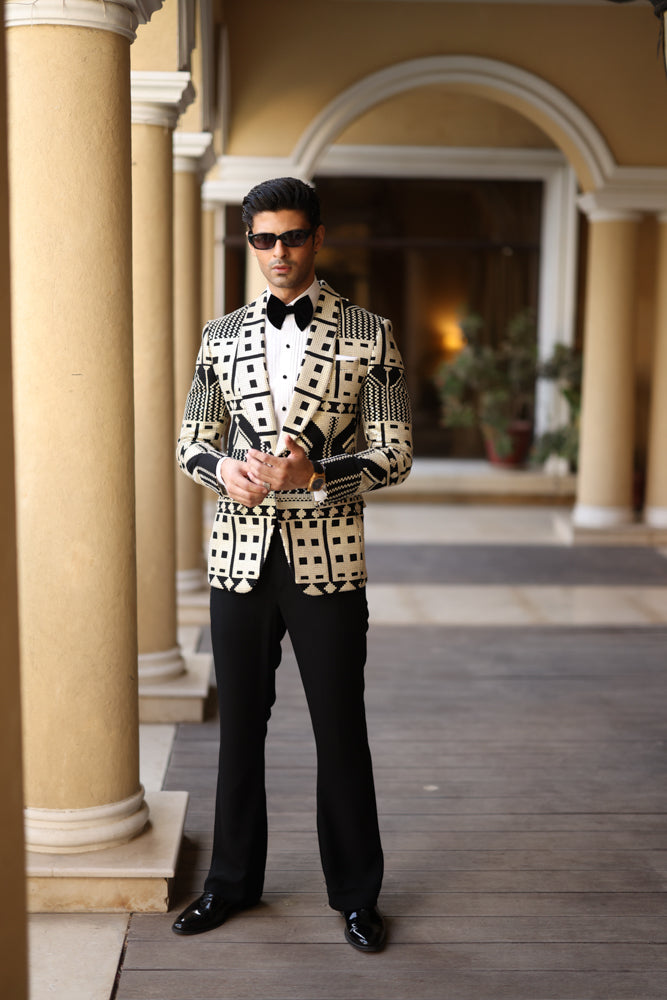 Beige & Black Sequin Suiting Tuxedo (2-Piece) - Image 3