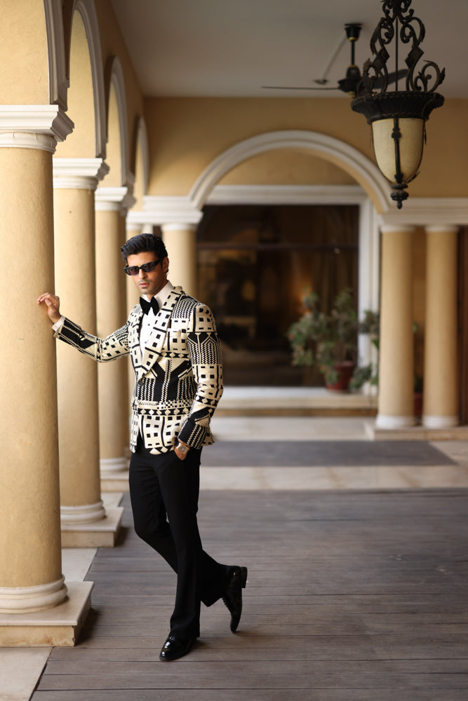 Beige & Black Sequin Suiting Tuxedo (2-Piece) - Image 4