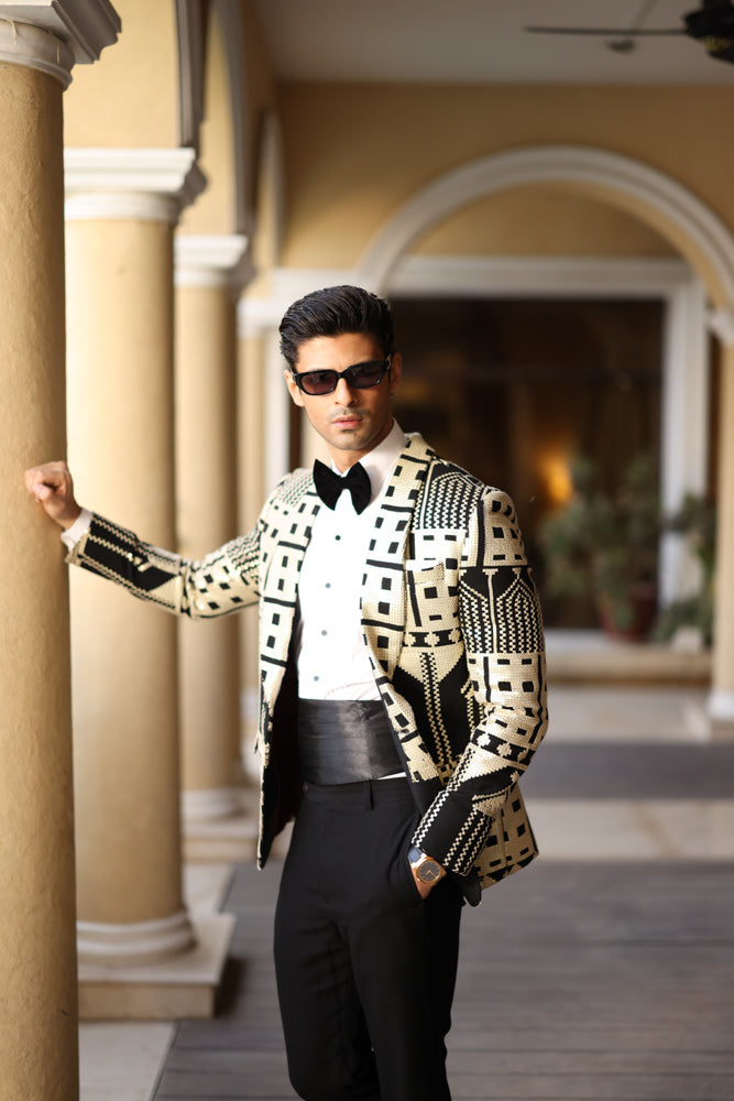 Beige & Black Sequin Suiting Tuxedo (2-Piece) - Image 5