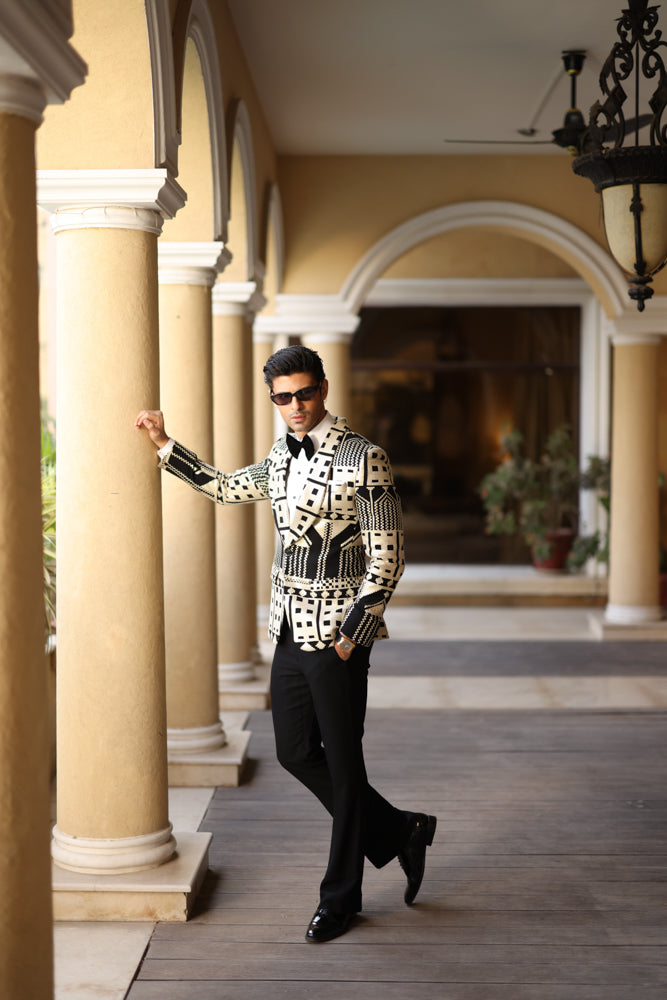 Beige & Black Sequin Suiting Tuxedo (2-Piece) - Image 6