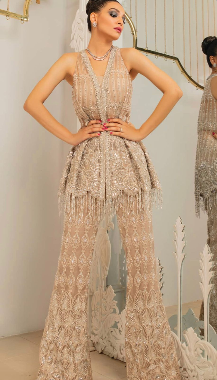 Beige Hand-Embellished Net Peplum with Boot-Cut Pants (2-Piece) - Image 3