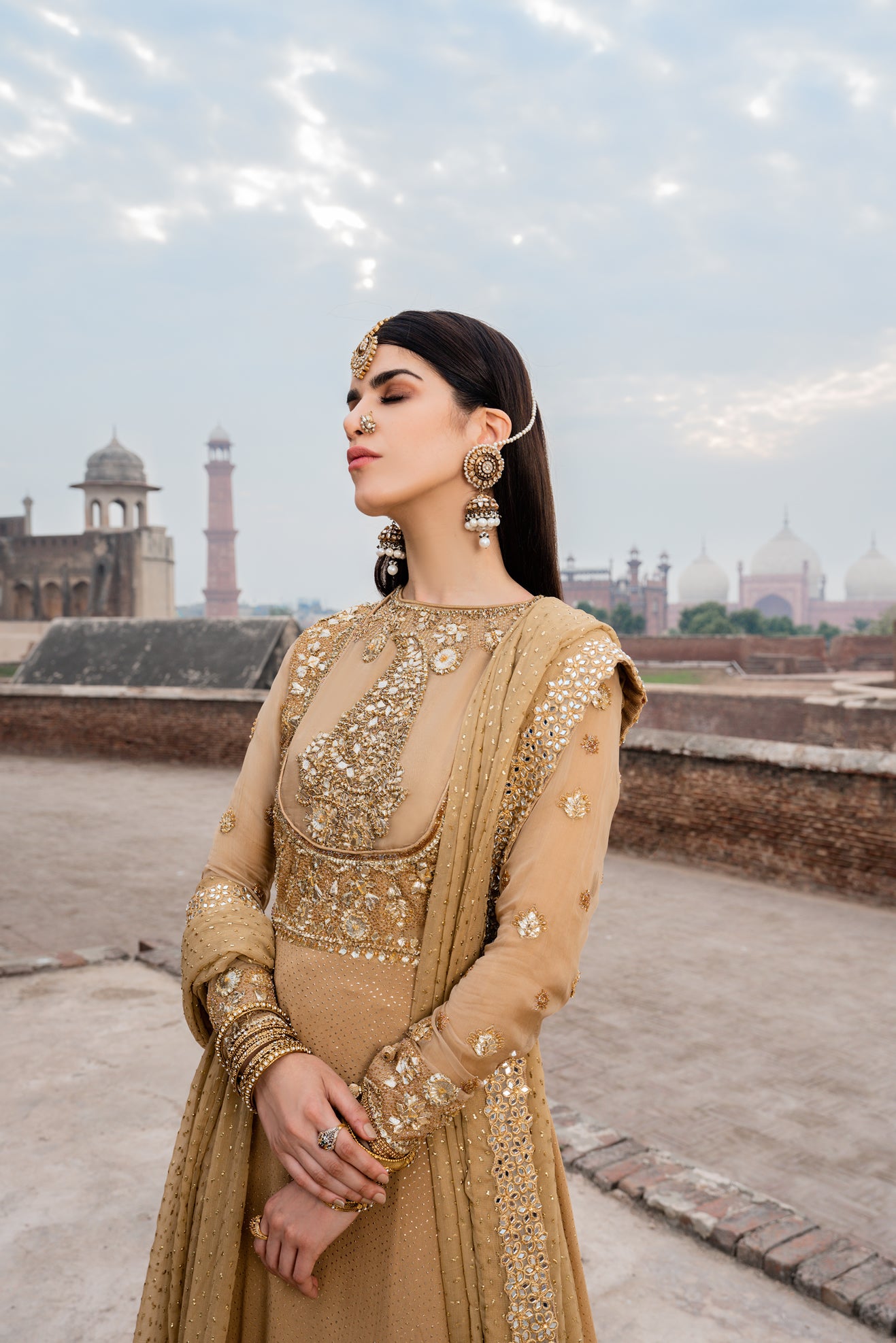 Beige Sheesha & Gota Chiffon Pishwas (3-Piece) - Image 3