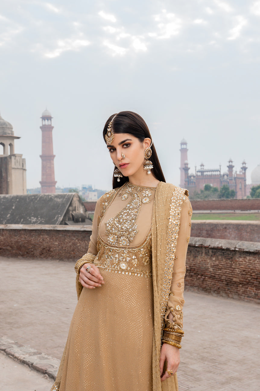 Beige Sheesha & Gota Chiffon Pishwas (3-Piece) - Image 5