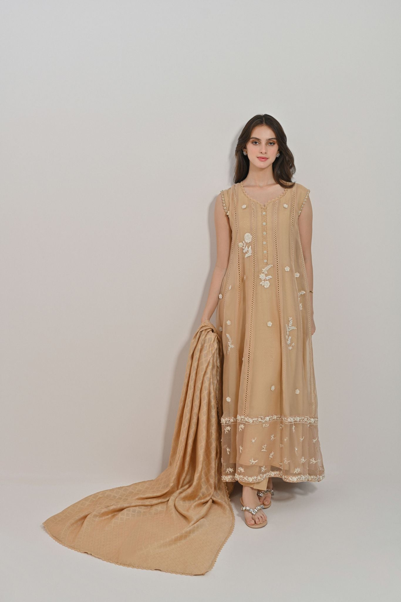 Beige 3D Floral Cotton Net Pishwas (3-Piece) - Image 1