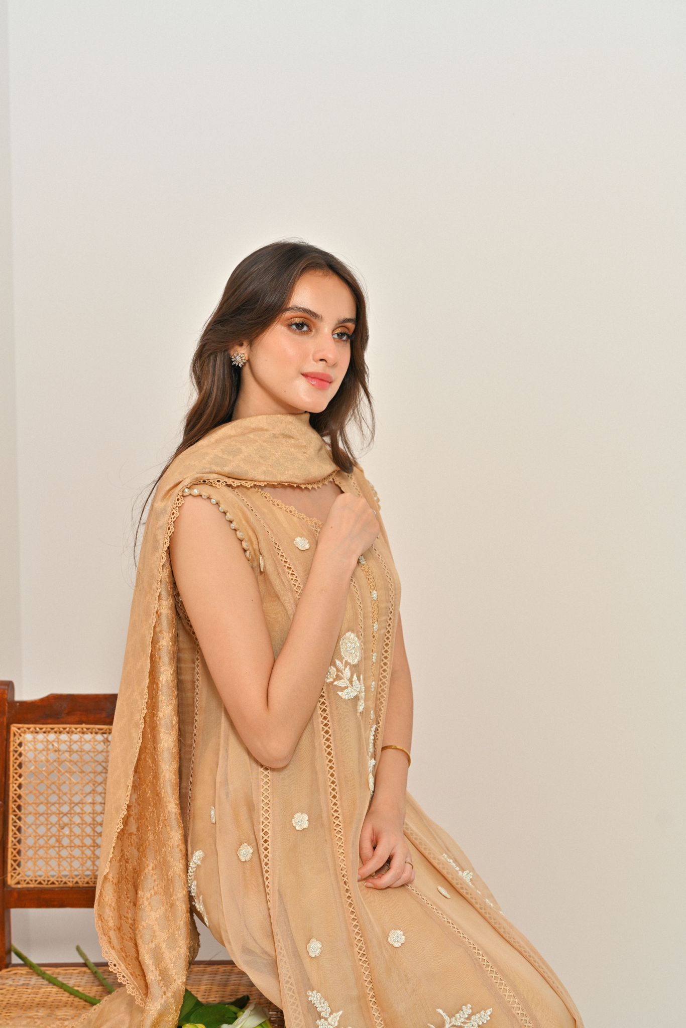 Beige 3D Floral Cotton Net Pishwas (3-Piece) - Image 3