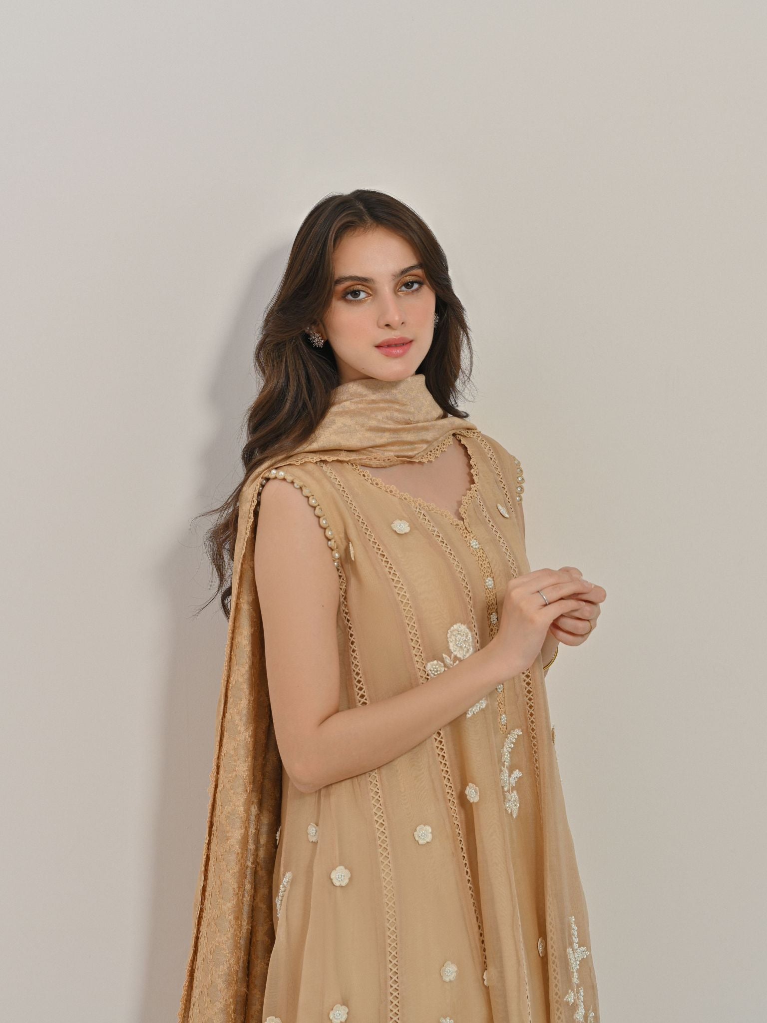 Beige 3D Floral Cotton Net Pishwas (3-Piece) - Image 4