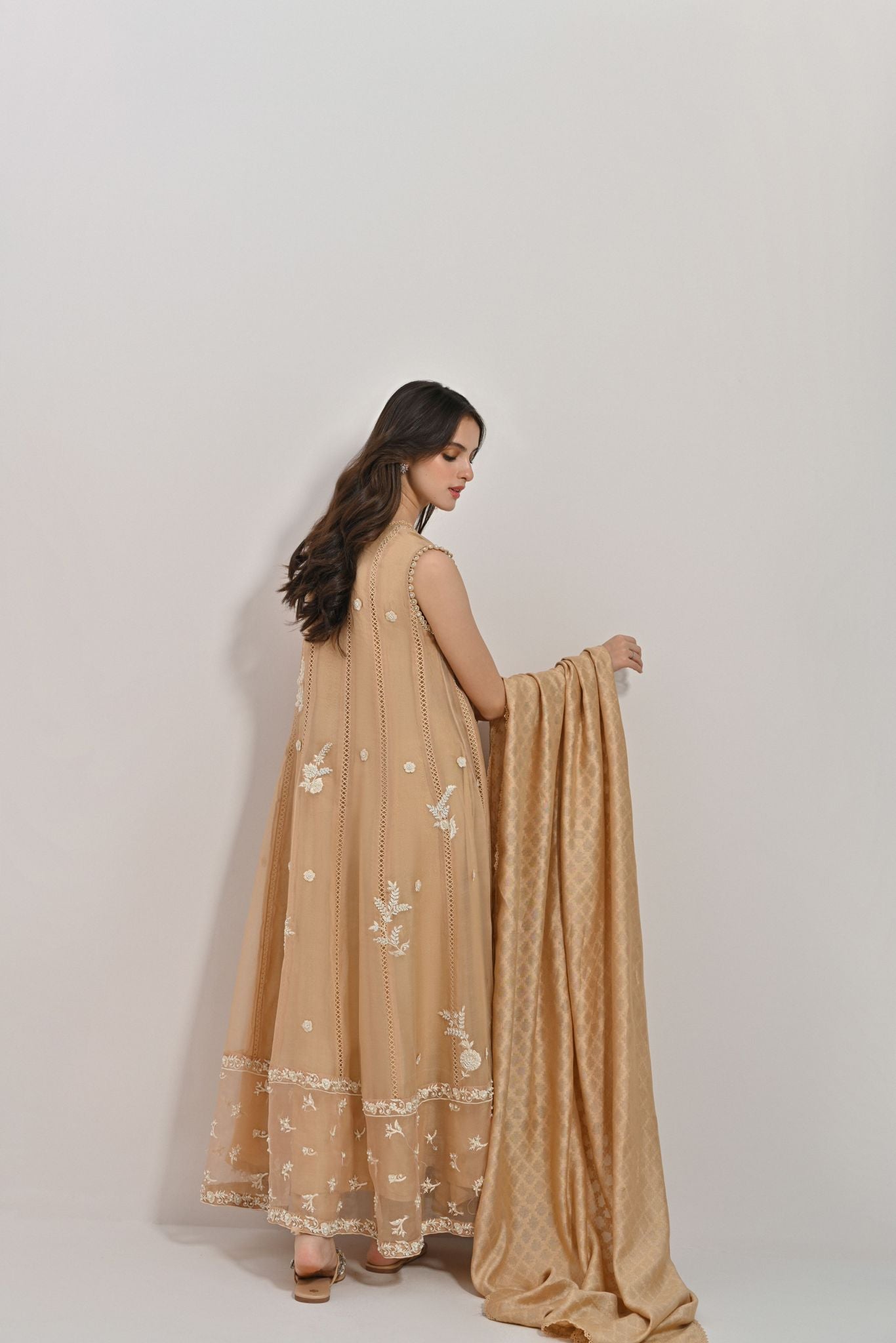 Beige 3D Floral Cotton Net Pishwas (3-Piece) - Image 5