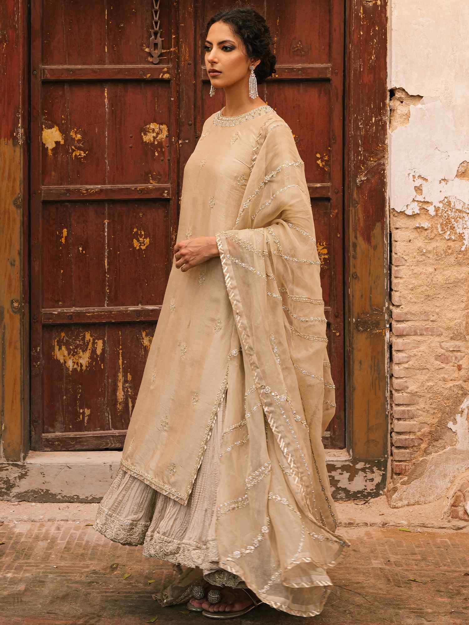 Pakistani Mushroom Zardozi Cotton Silk Pishwas Dress (3-Piece) - Image 1