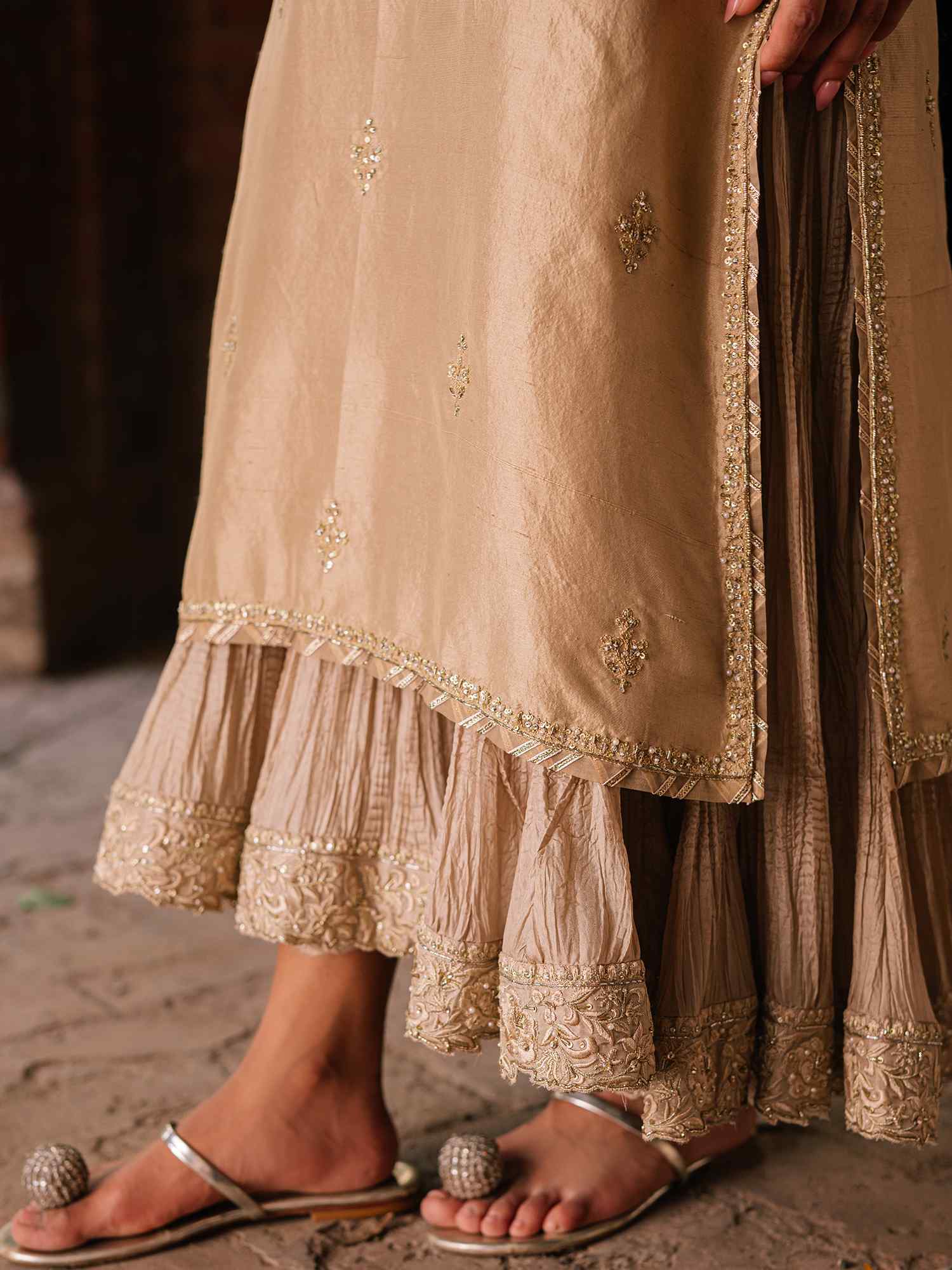 Pakistani Mushroom Zardozi Cotton Silk Pishwas Dress (3-Piece) - Image 2