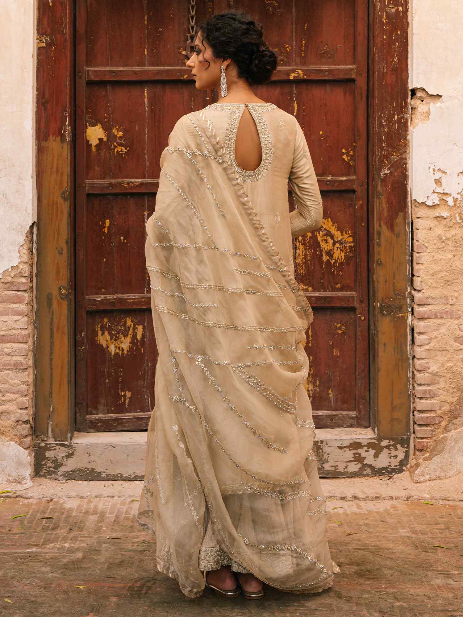 Pakistani Mushroom Zardozi Cotton Silk Pishwas Dress (3-Piece) - Image 3