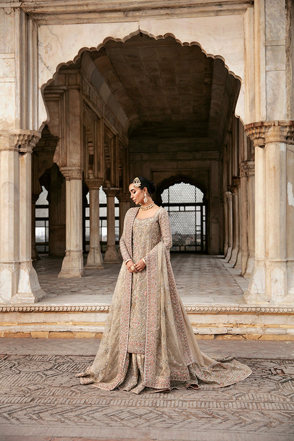 Indian Champagne Beige Embroidered Net Bridal Pishwas (3-Piece) - Image 2