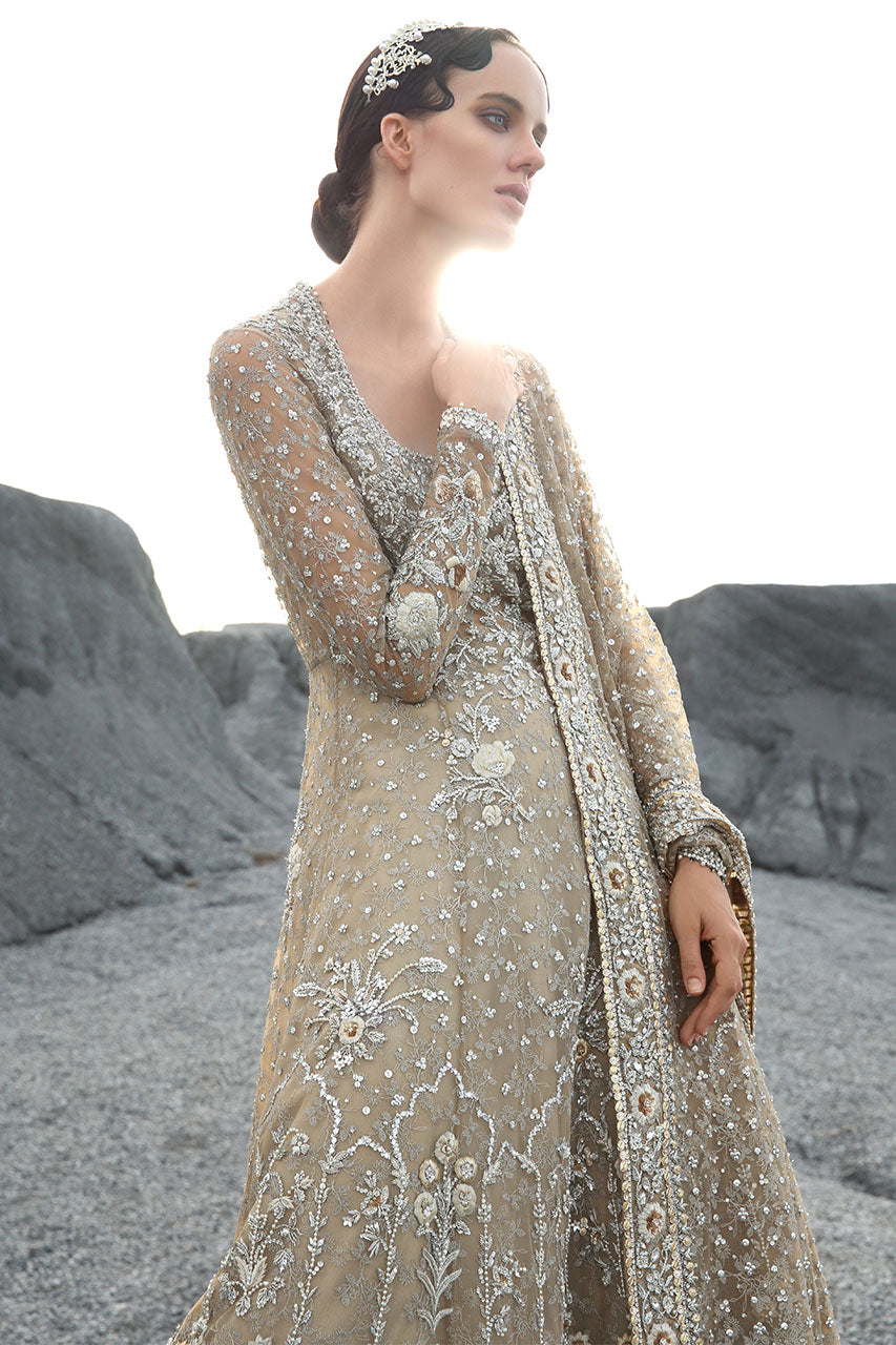 Beige Handworked French Net Pishwas (3-Piece) - Image 2