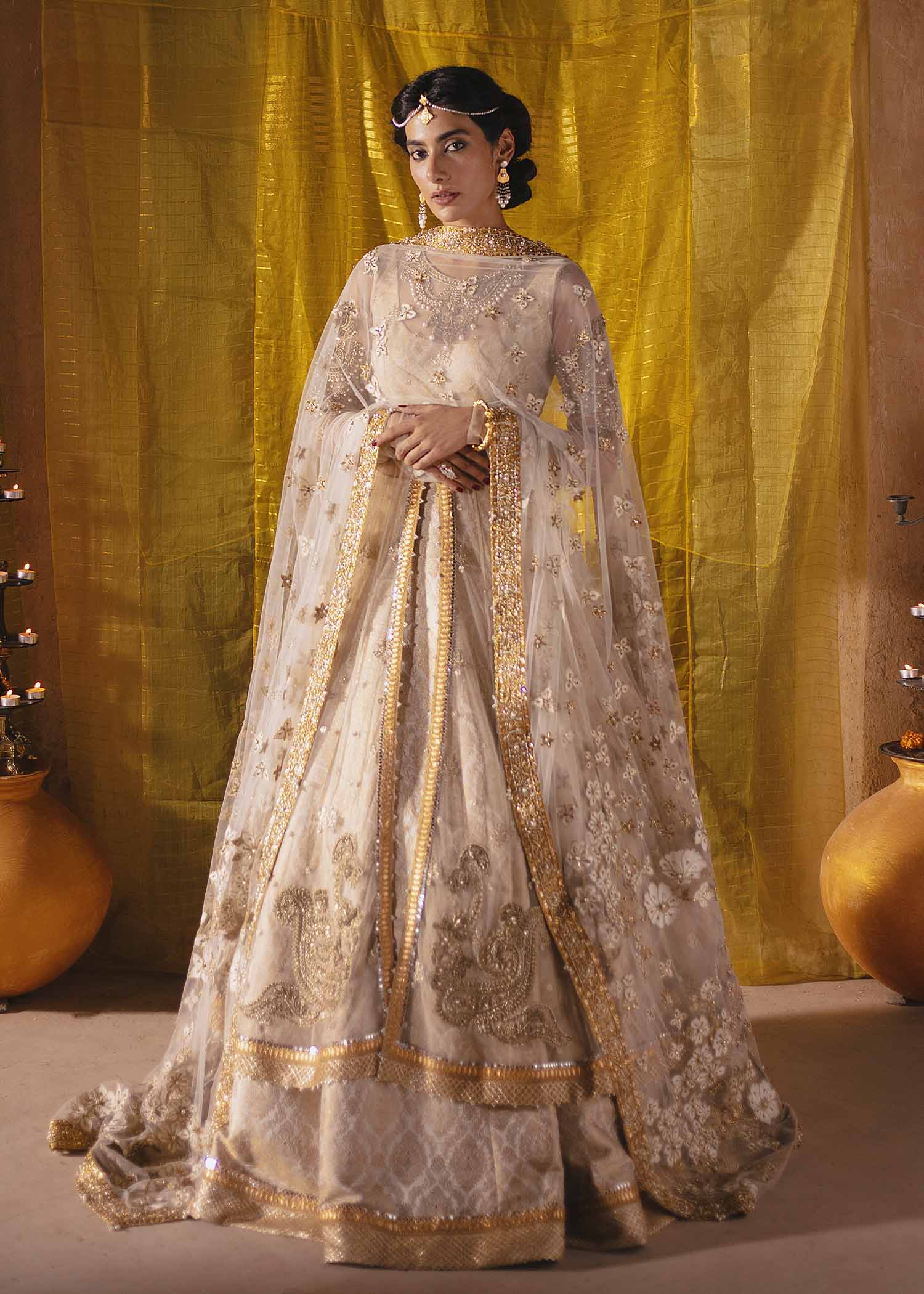 Pakistani Beige Antique Dabka Net Pishwas Dress (3-Piece) - Image 1