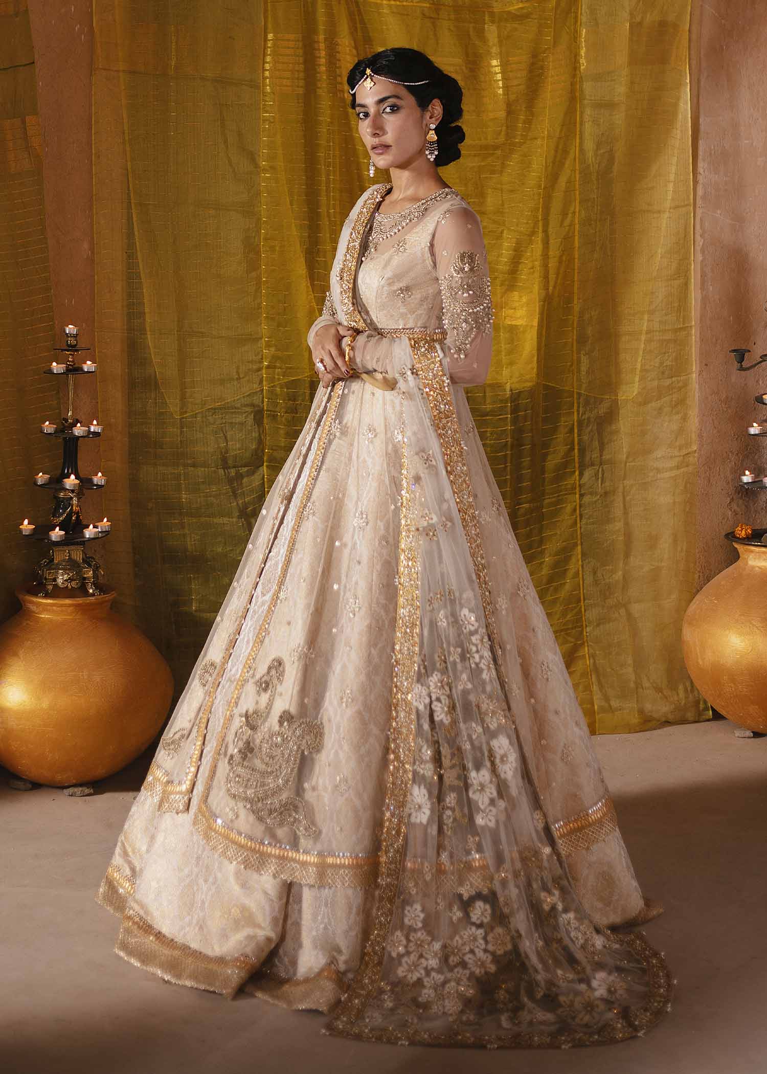 Pakistani Beige Antique Dabka Net Pishwas Dress (3-Piece) - Image 3