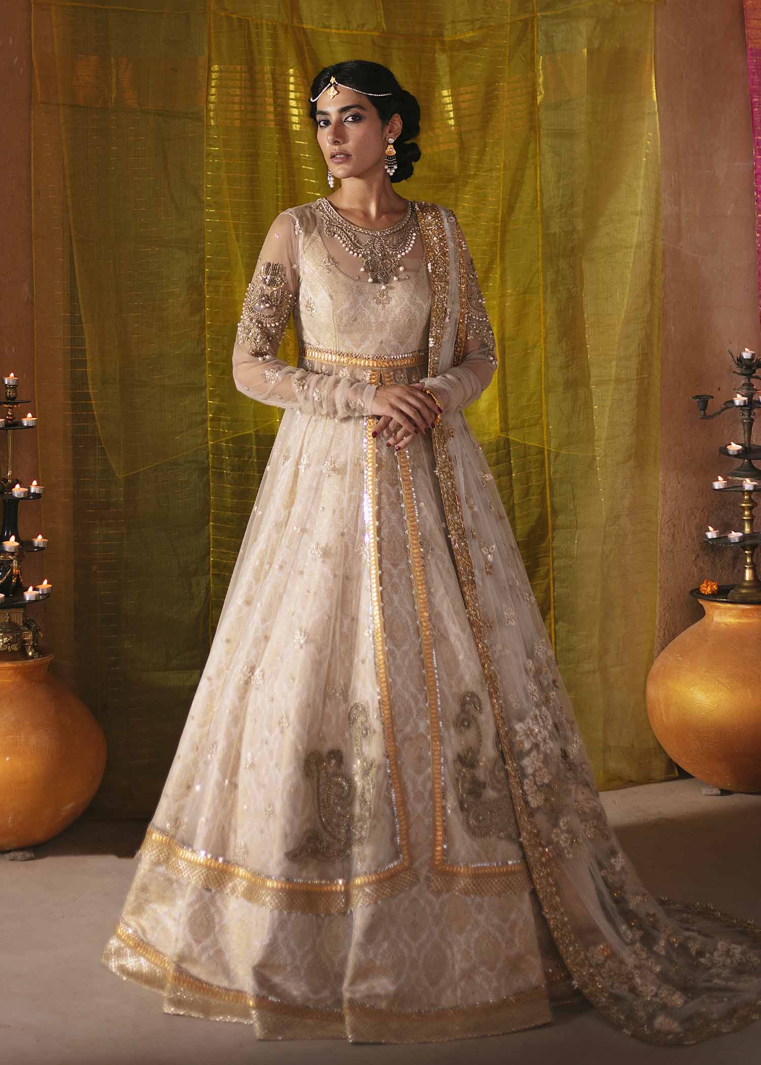 Pakistani Beige Embroidered Net Pishwas Dress (3-Piece) - Image 2