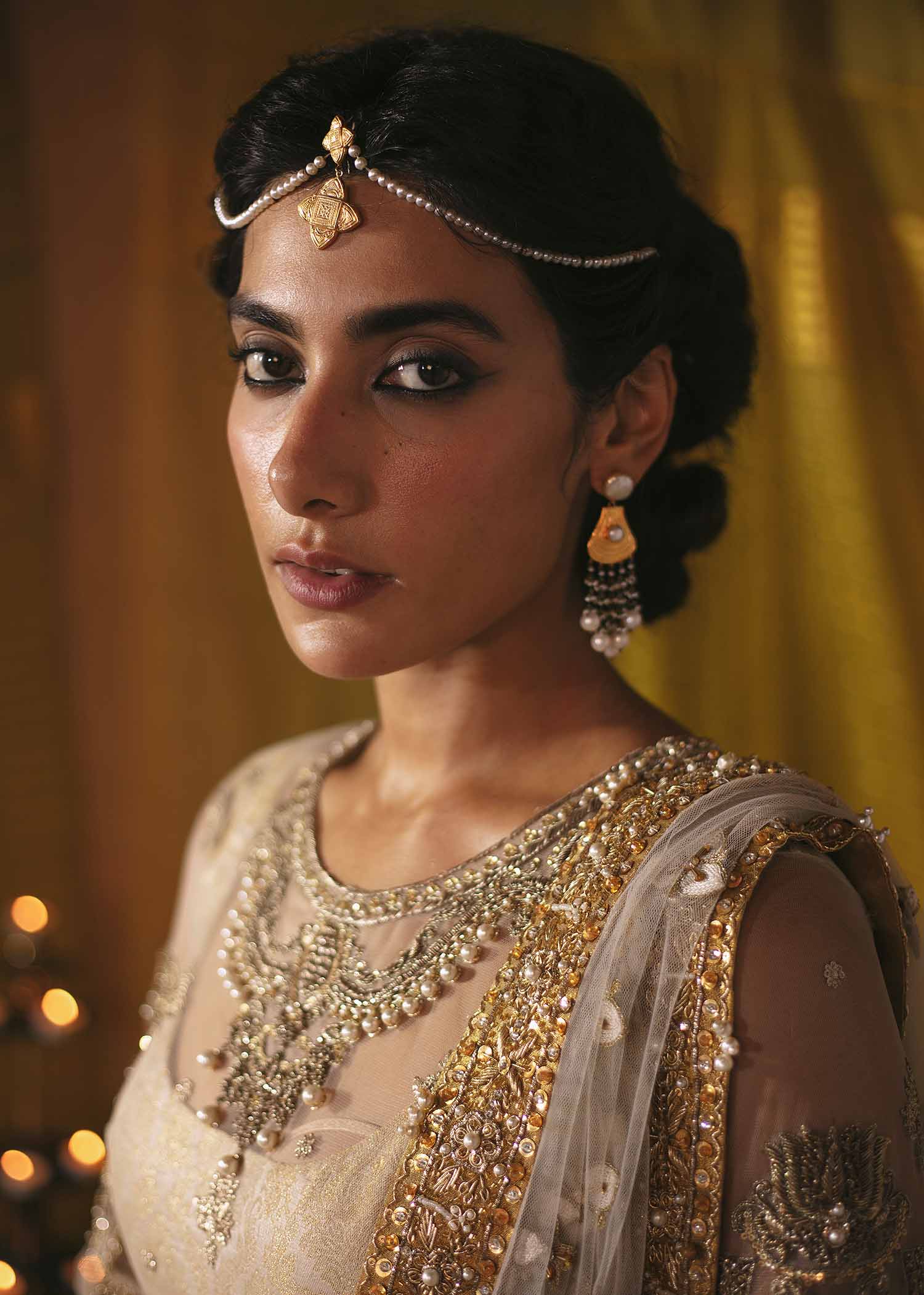 Pakistani Beige Embroidered Net Pishwas Dress (3-Piece) - Image 4