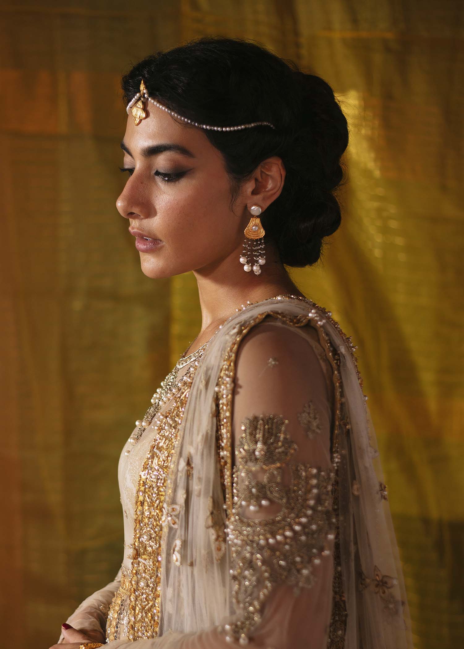 Pakistani Beige Embroidered Net Pishwas Dress (3-Piece) - Image 5