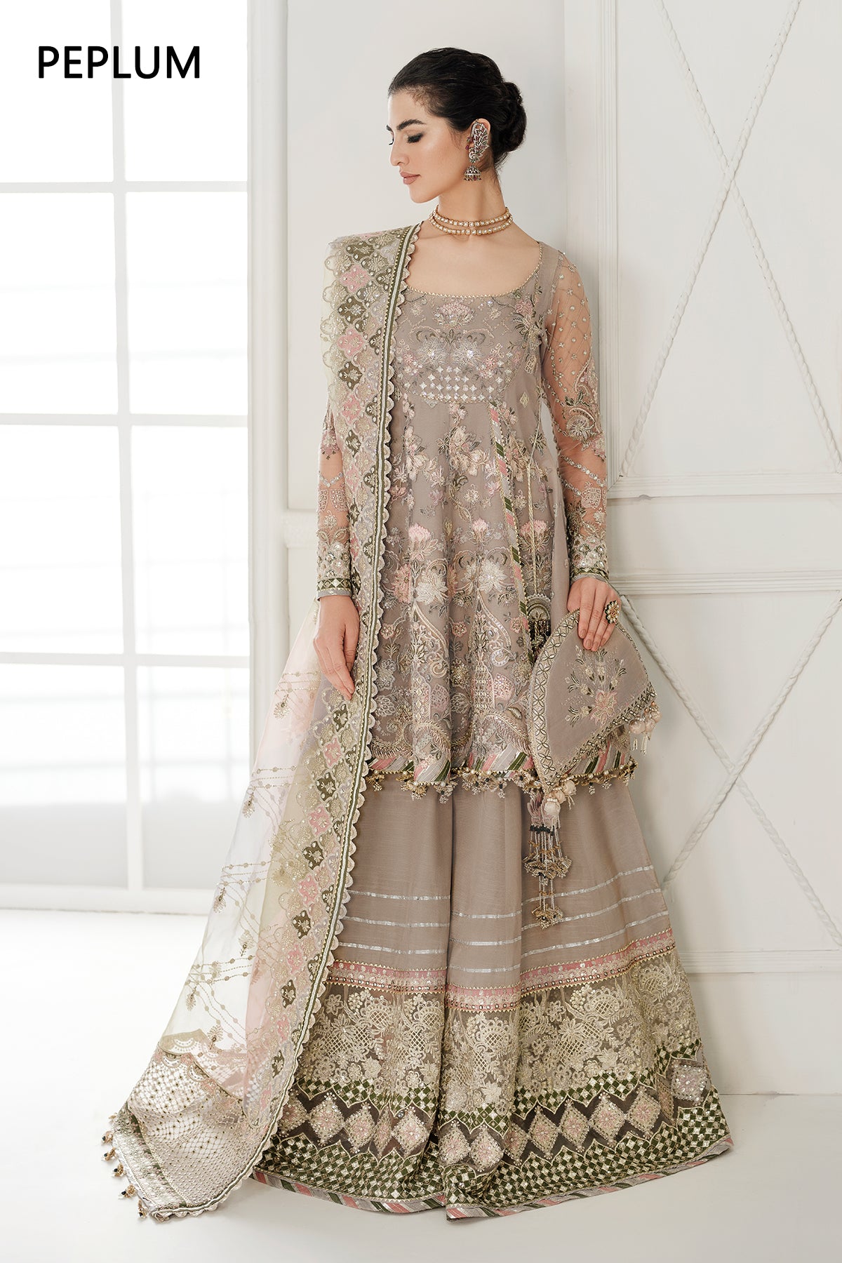 Pakistani Taupe Embroidered Net Pishwas Dress (3-Piece) - Image 1