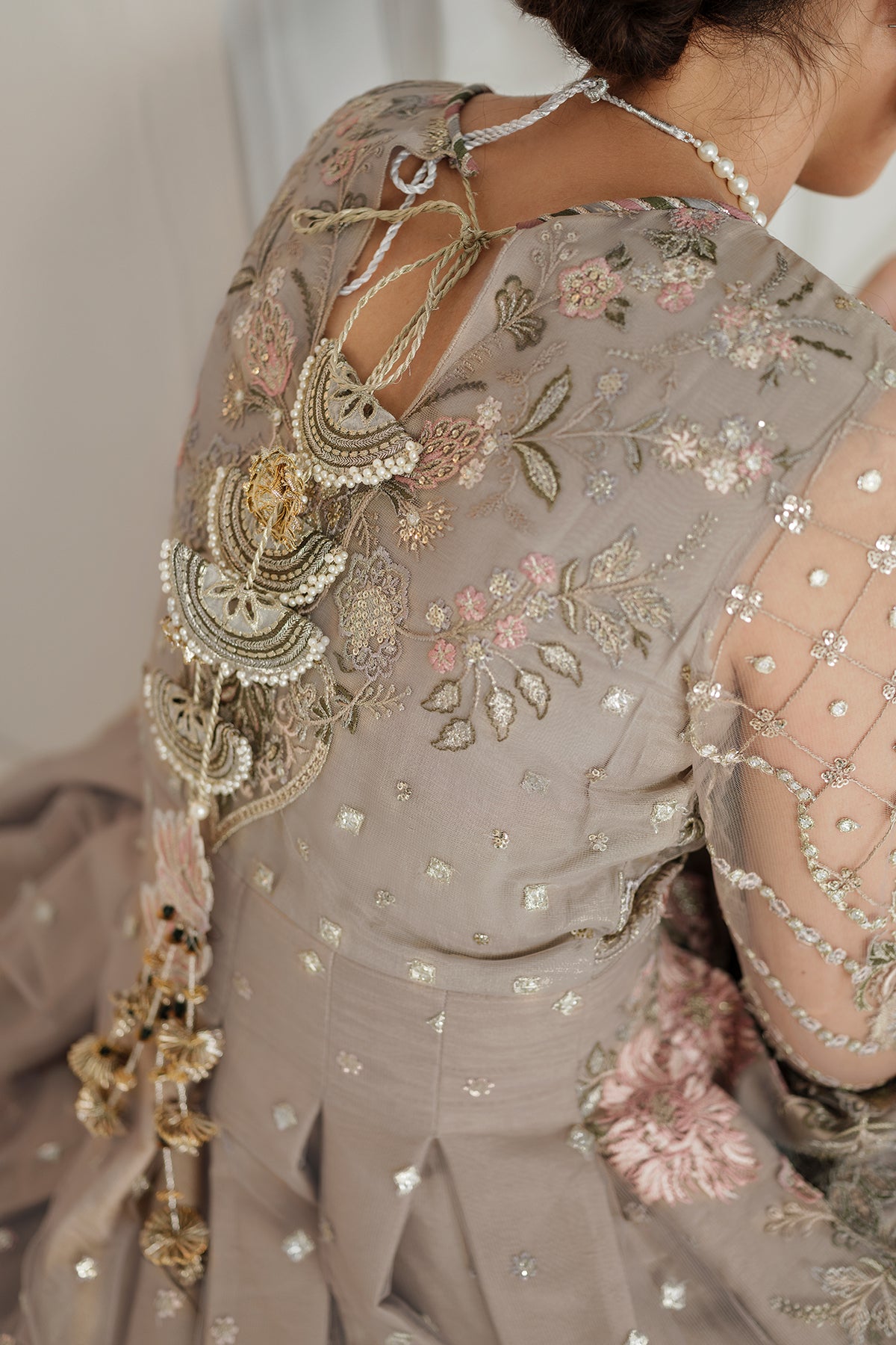 Pakistani Taupe Embroidered Net Pishwas Dress (3-Piece) - Image 10