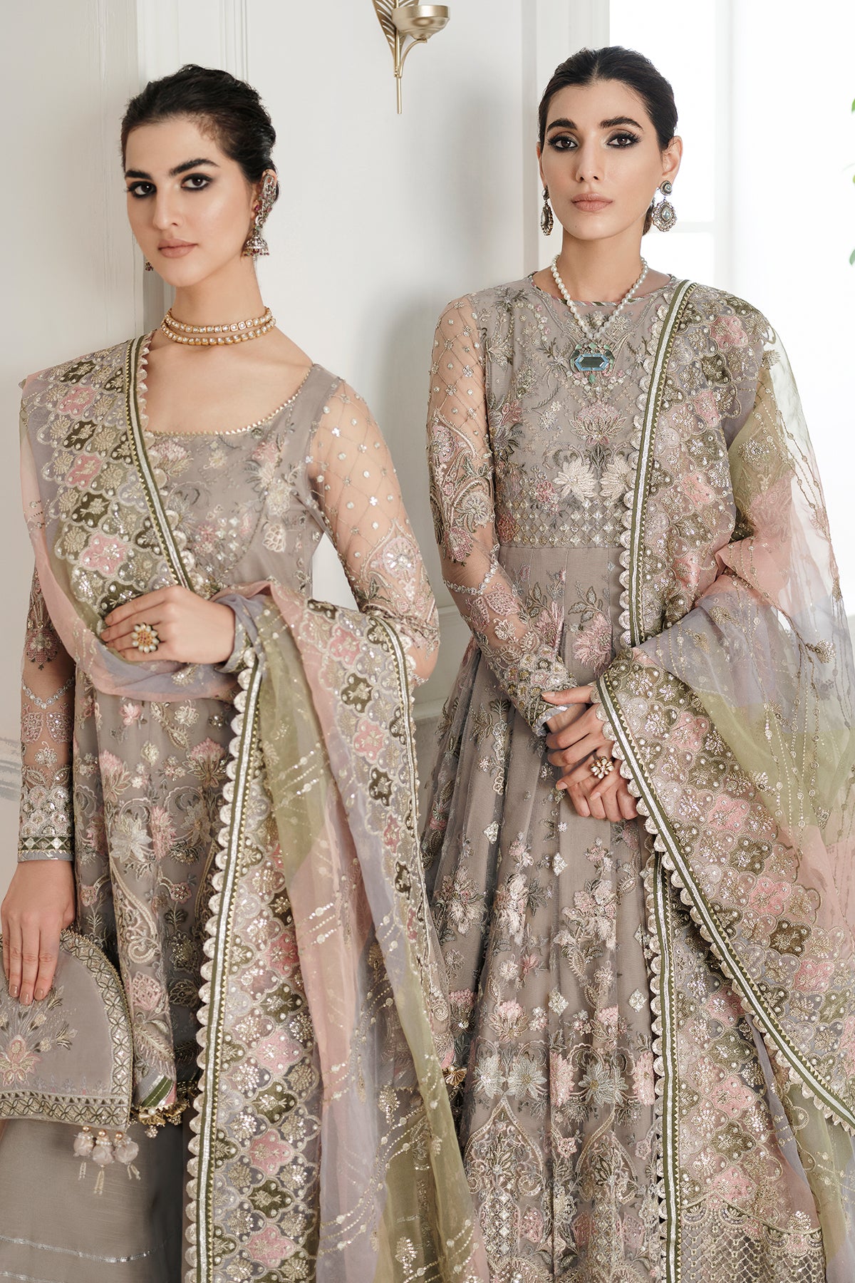 Pakistani Taupe Embroidered Net Pishwas Dress (3-Piece) - Image 11