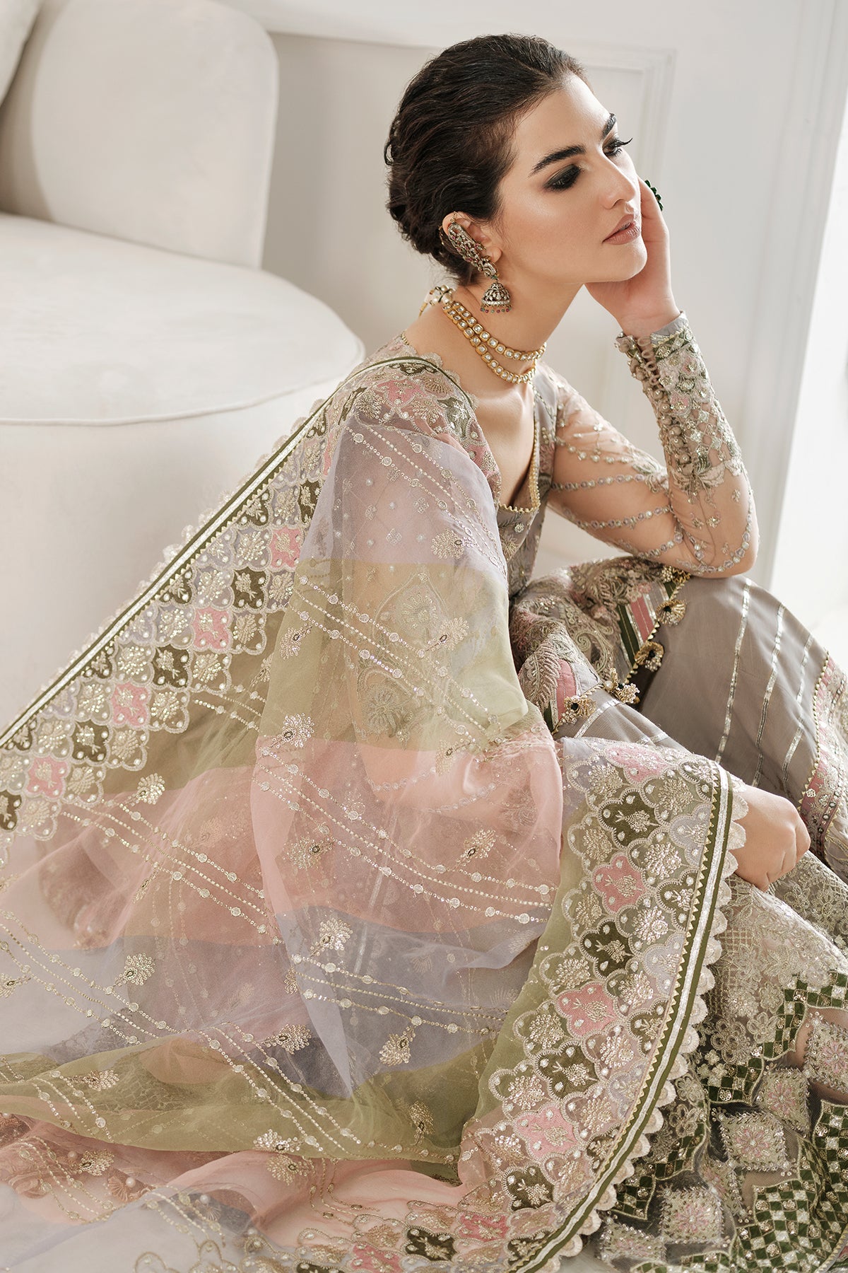 Pakistani Taupe Embroidered Net Pishwas Dress (3-Piece) - Image 12