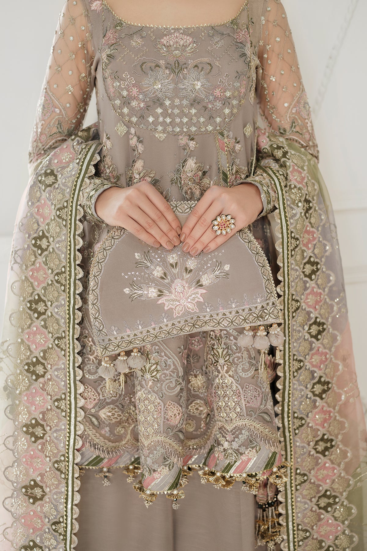 Pakistani Taupe Embroidered Net Pishwas Dress (3-Piece) - Image 13