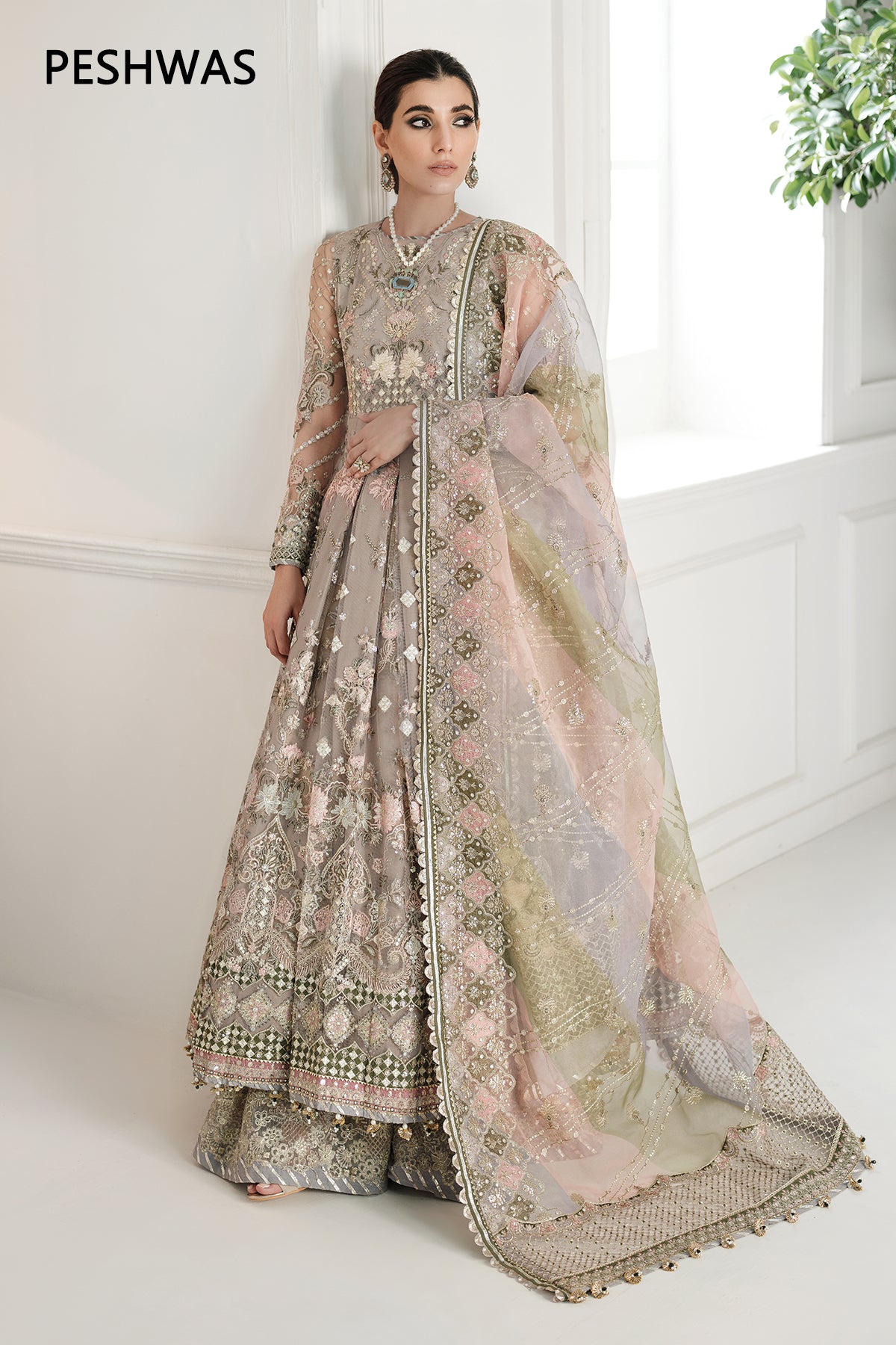 Pakistani Taupe Embroidered Net Pishwas Dress (3-Piece) - Image 2
