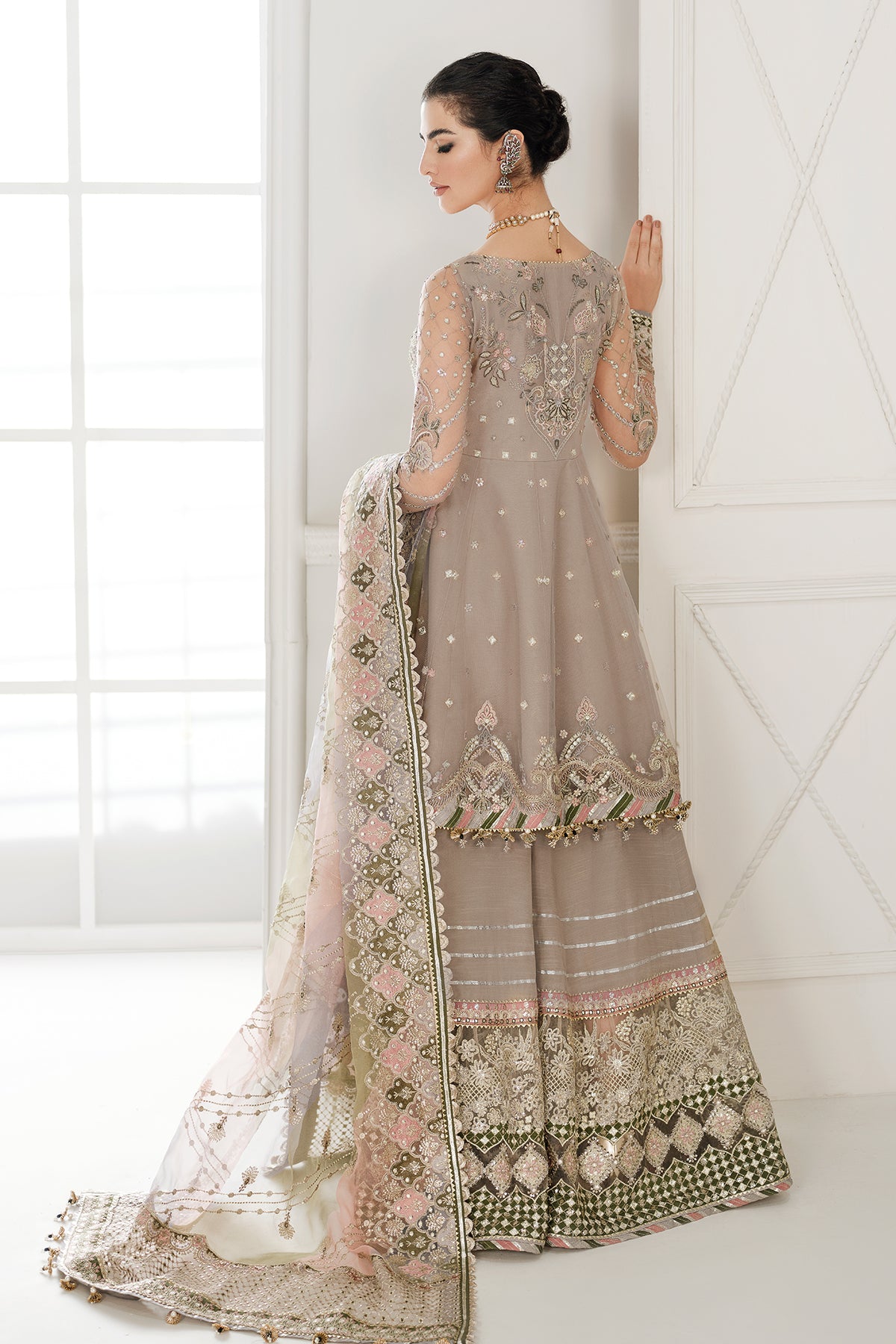 Pakistani Taupe Embroidered Net Pishwas Dress (3-Piece) - Image 5