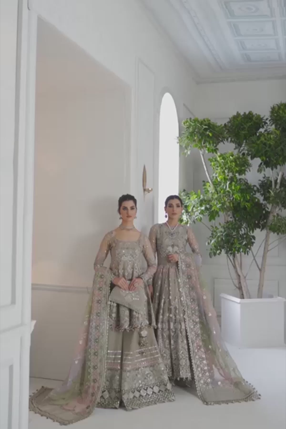 Pakistani Taupe Embroidered Net Pishwas Dress (3-Piece) - Image 6