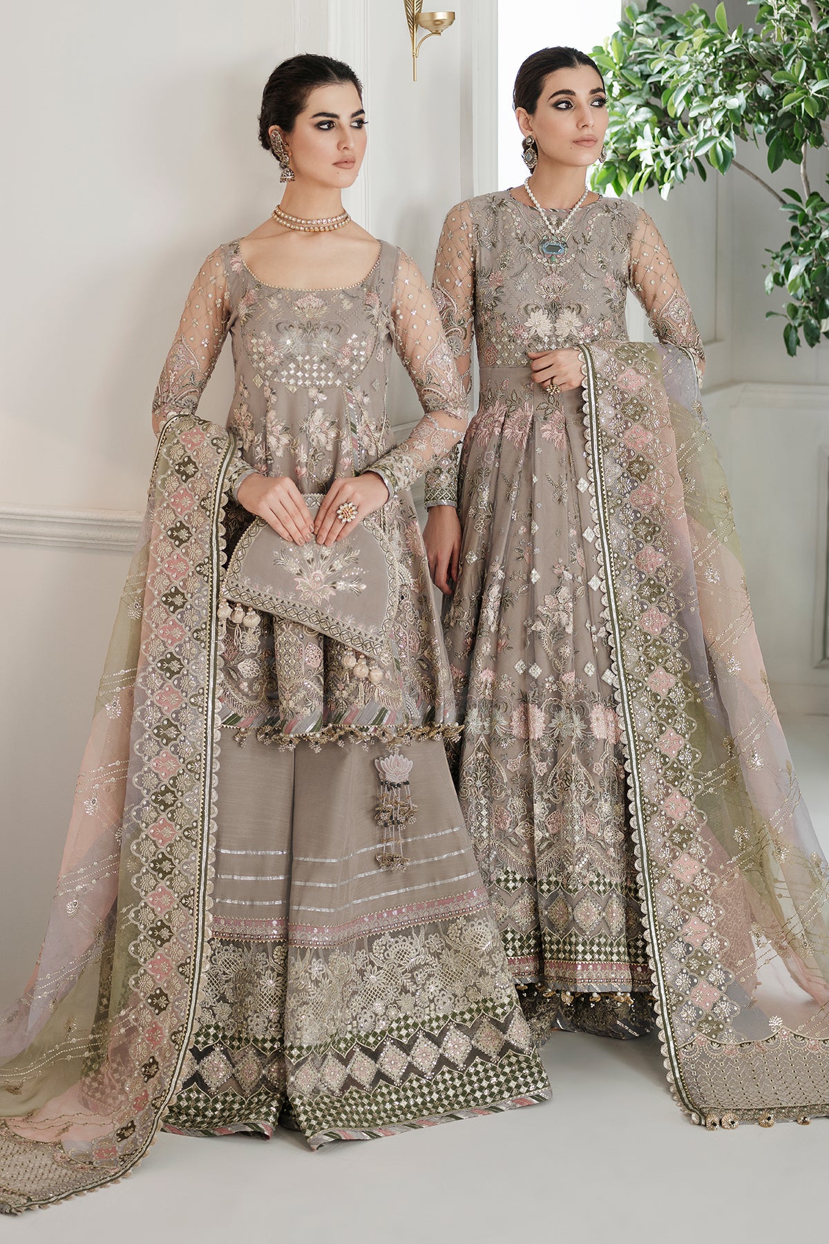 Pakistani Taupe Embroidered Net Pishwas Dress (3-Piece) - Image 7