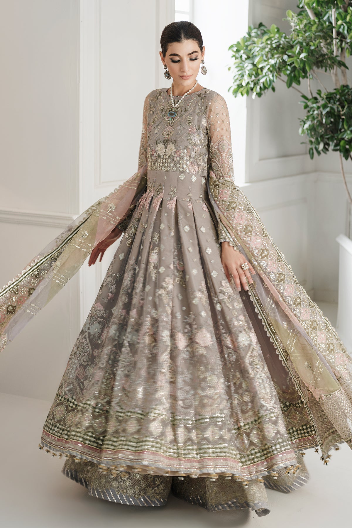 Pakistani Taupe Embroidered Net Pishwas Dress (3-Piece) - Image 8