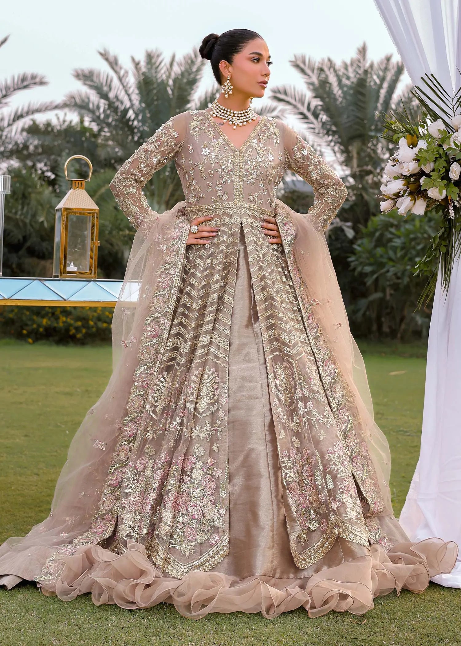 Beige Embroidered Net Pishwas Dress (3-Piece) - Image 1