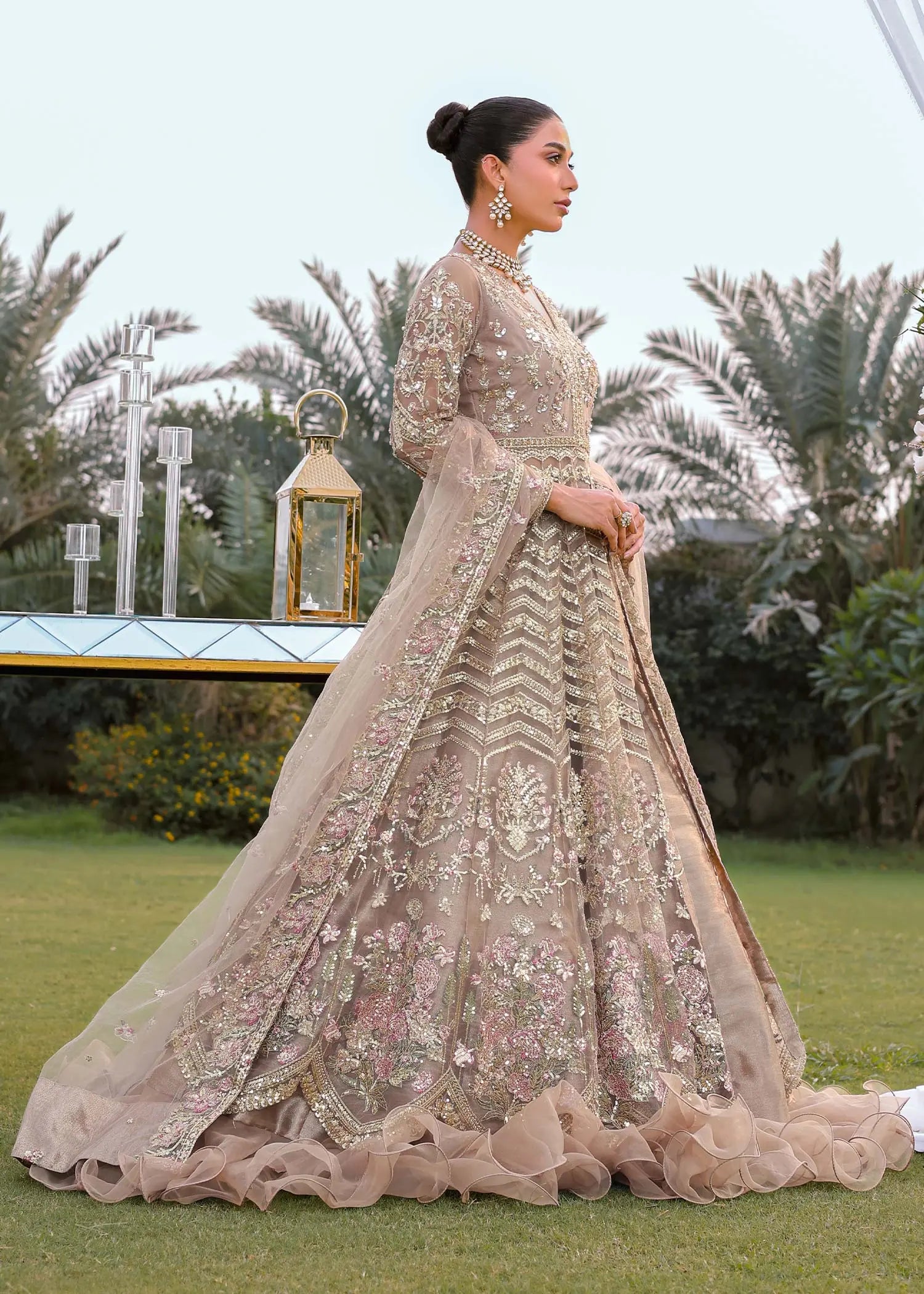 Beige Embroidered Net Pishwas Dress (3-Piece) - Image 2