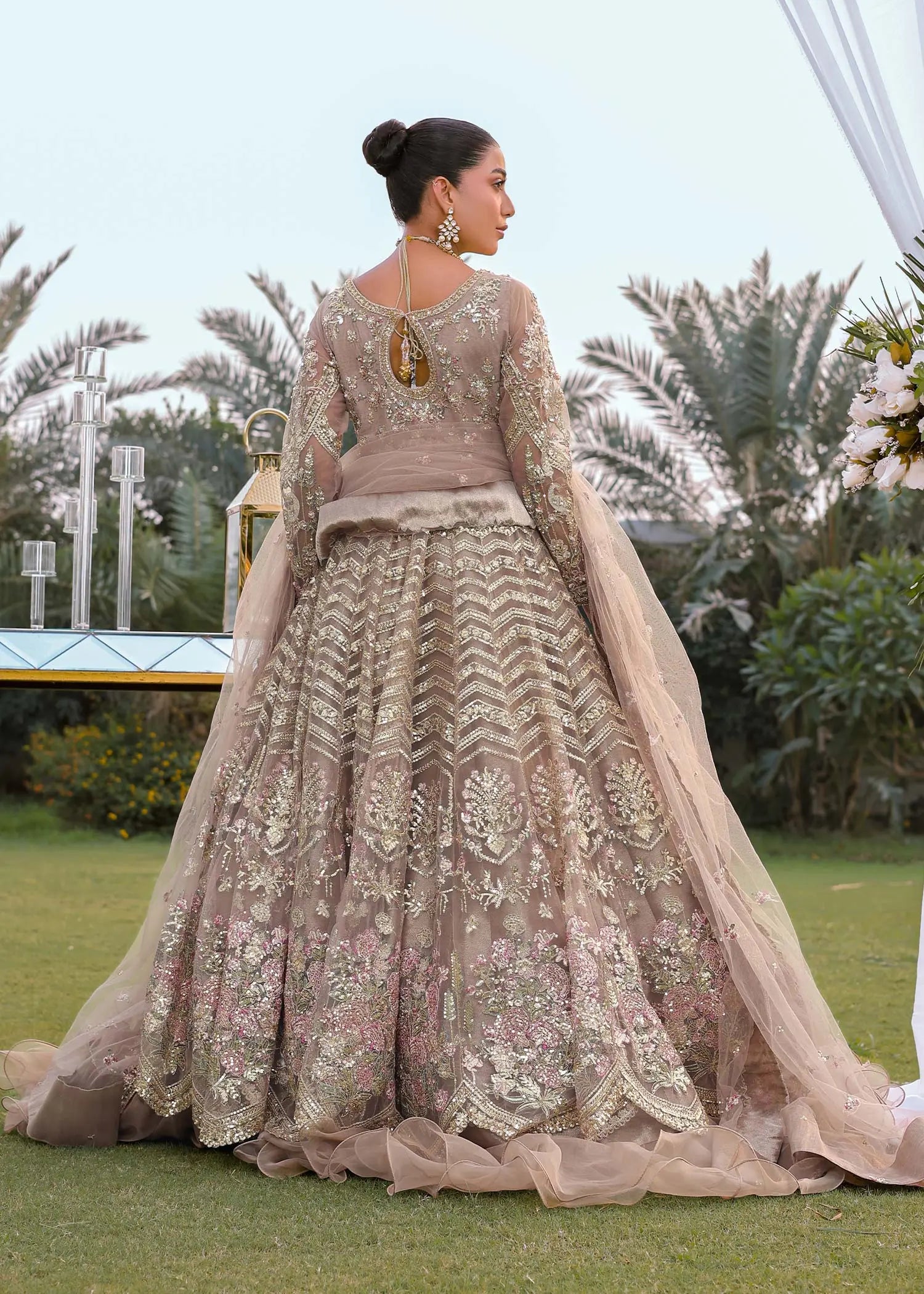 Beige Embroidered Net Pishwas Dress (3-Piece) - Image 3