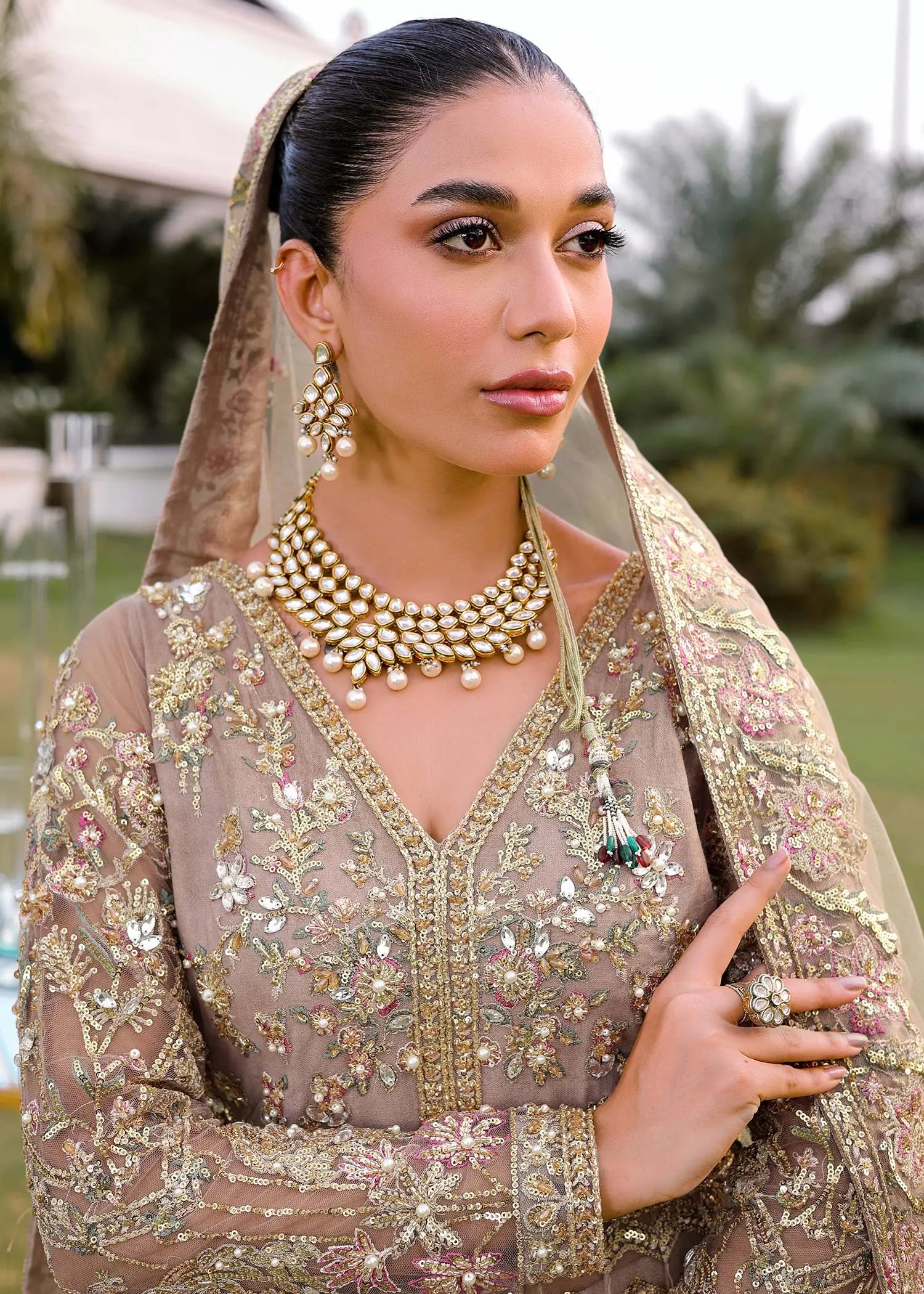 Beige Embroidered Net Pishwas Dress (3-Piece) - Image 4