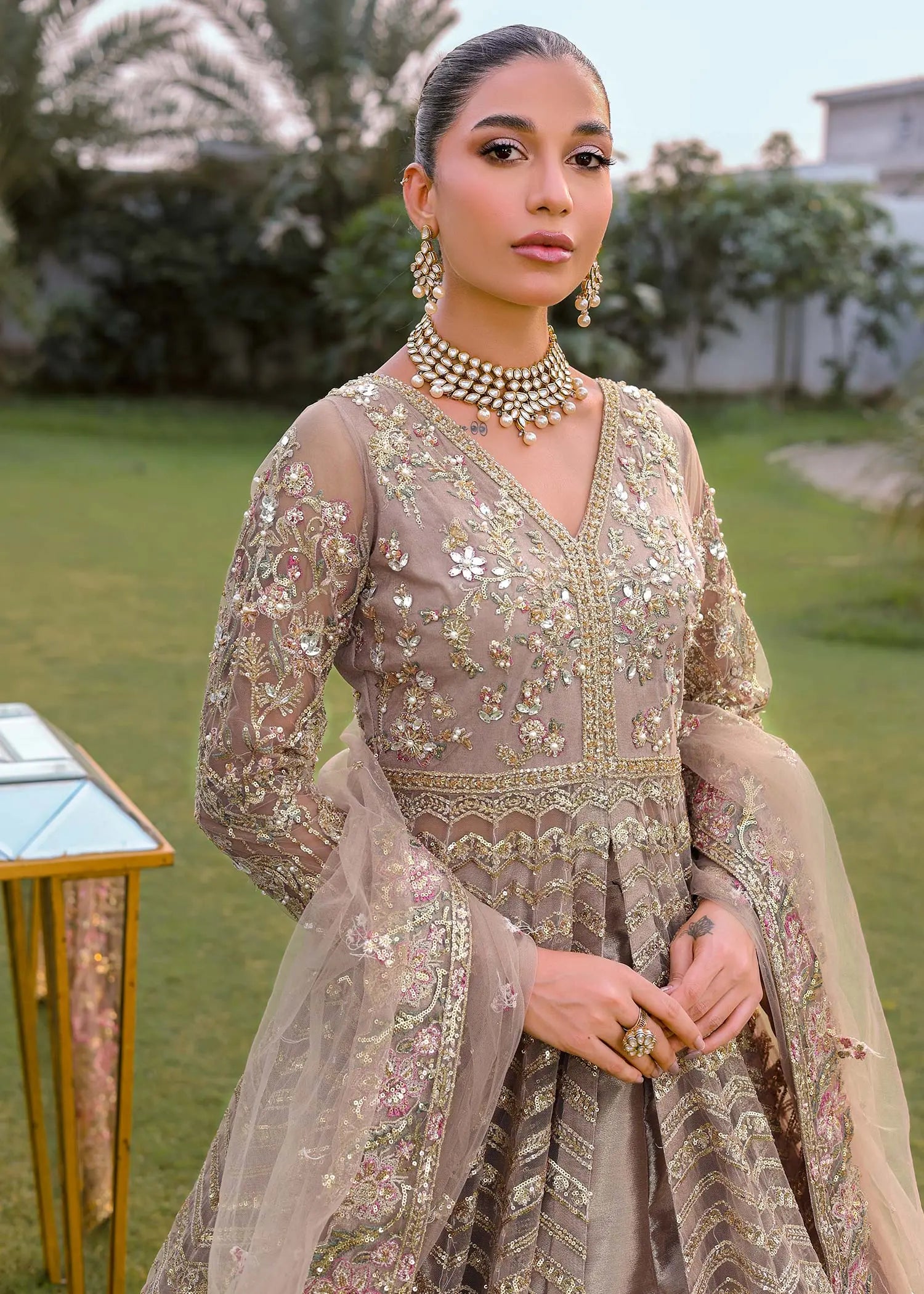 Beige Embroidered Net Pishwas Dress (3-Piece) - Image 5