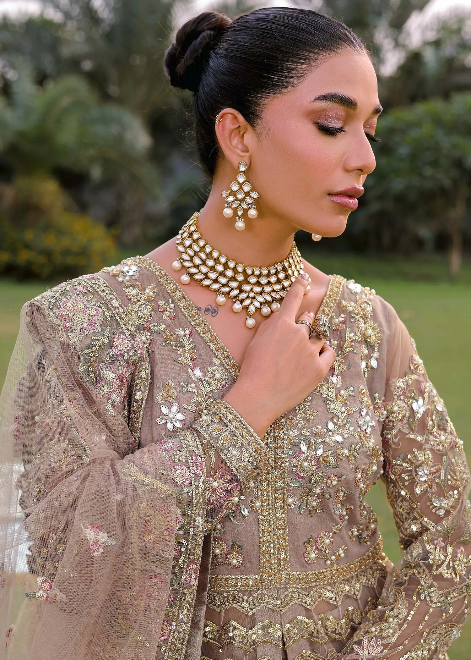 Beige Embroidered Net Pishwas Dress (3-Piece) - Image 6