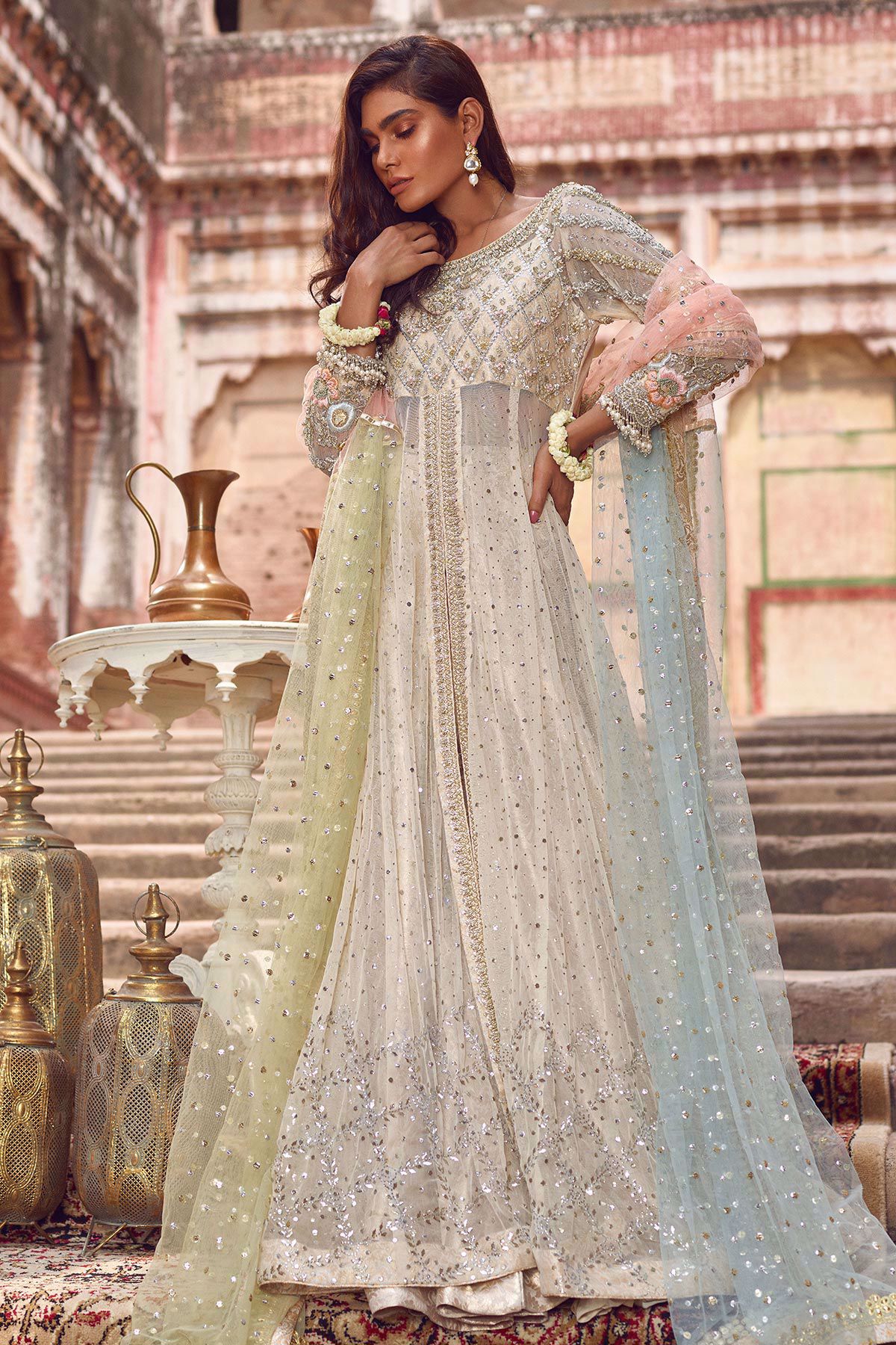 Pakistani Beige Zardozi & Kaamdani Net Pishwas (3-Piece) - Image 1