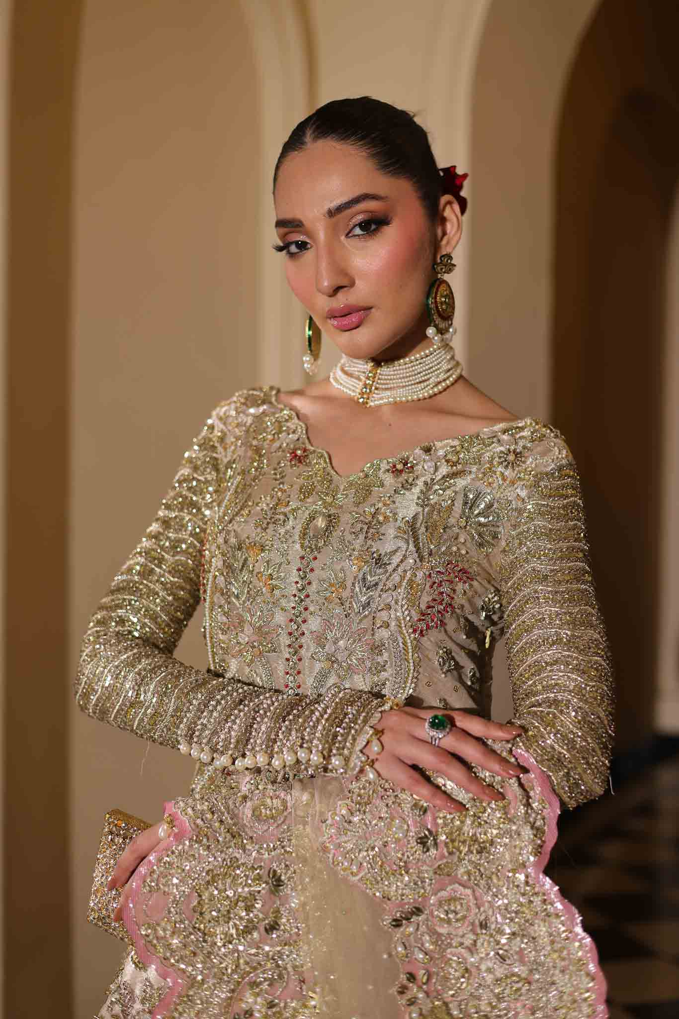 Pakistani Champagne Beige Embellished Net & Tissue Pishwas (2-Piece) - Image 6