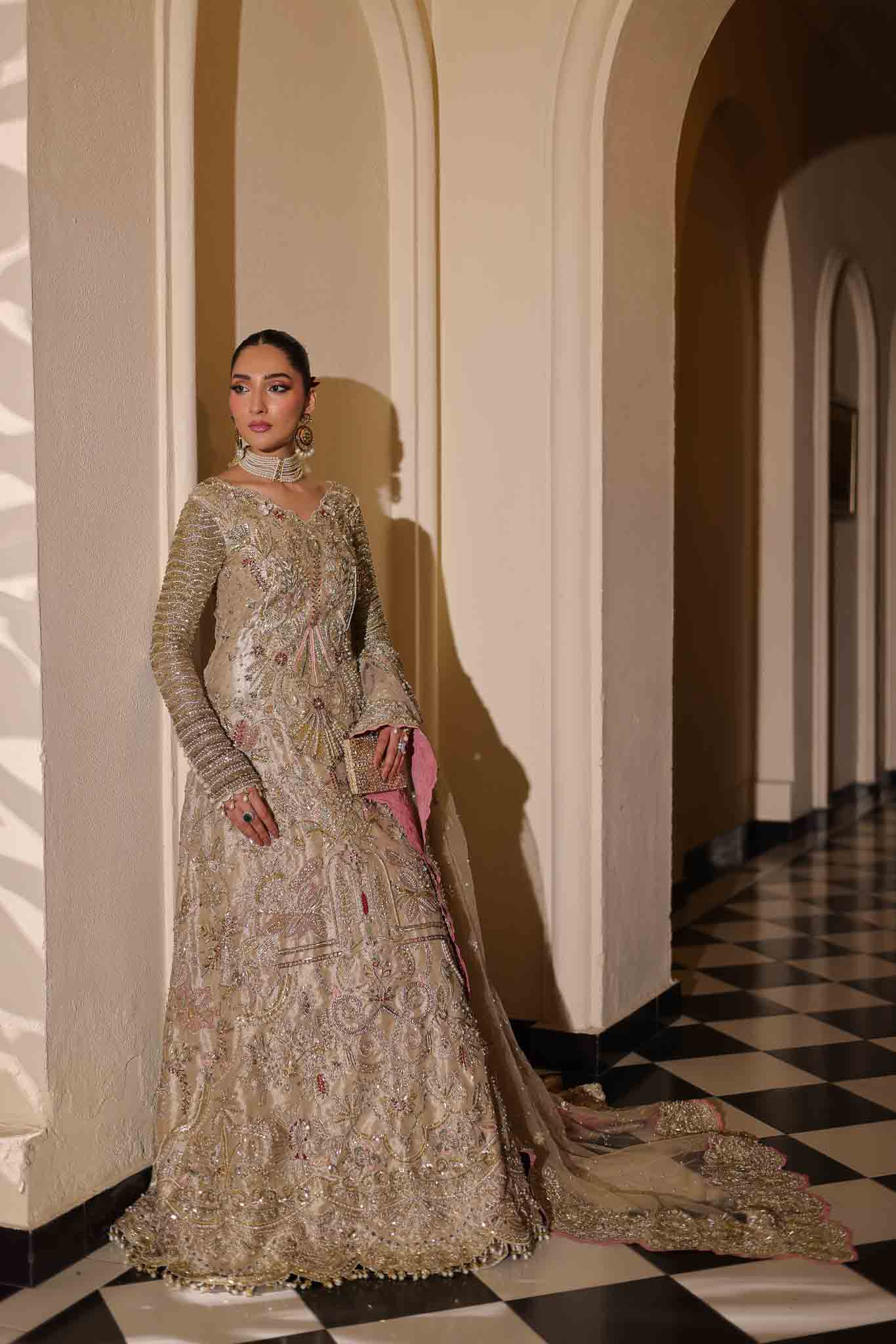 Pakistani Champagne Beige Embellished Net & Tissue Pishwas (2-Piece) - Image 7