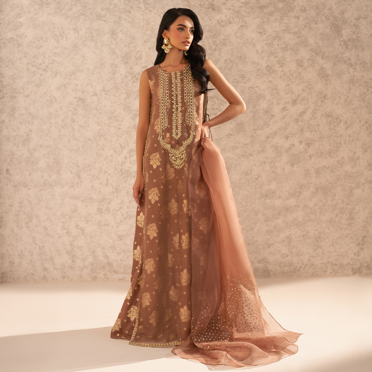 Pakistani Mocca Mousse Hand-Embellished Organza Net Pishwas (2-Piece) - Image 1