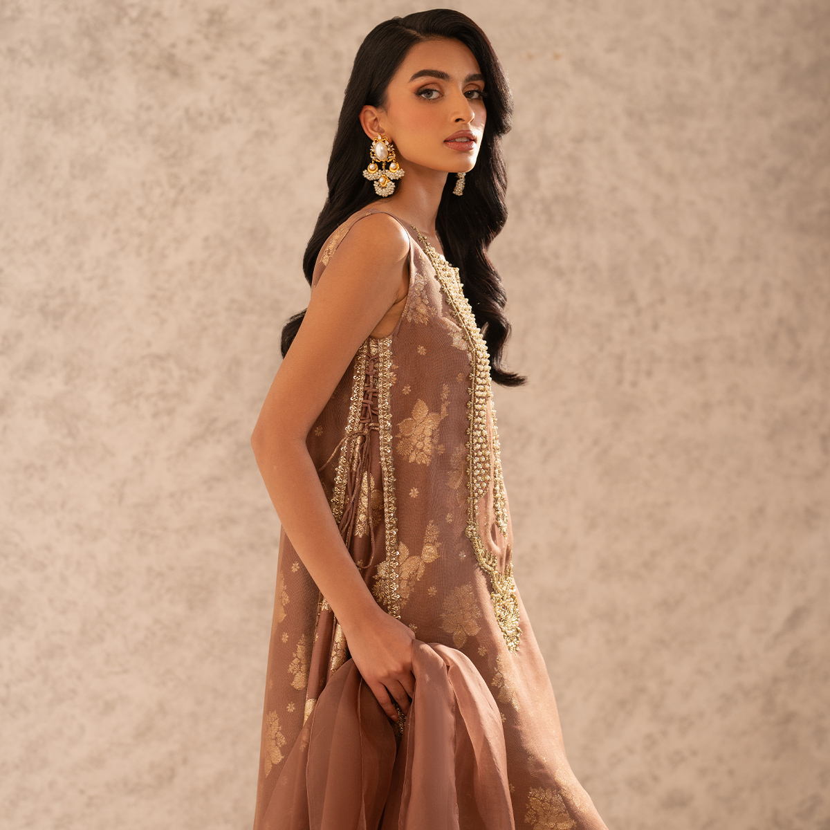 Pakistani Mocca Mousse Hand-Embellished Organza Net Pishwas (2-Piece) - Image 10