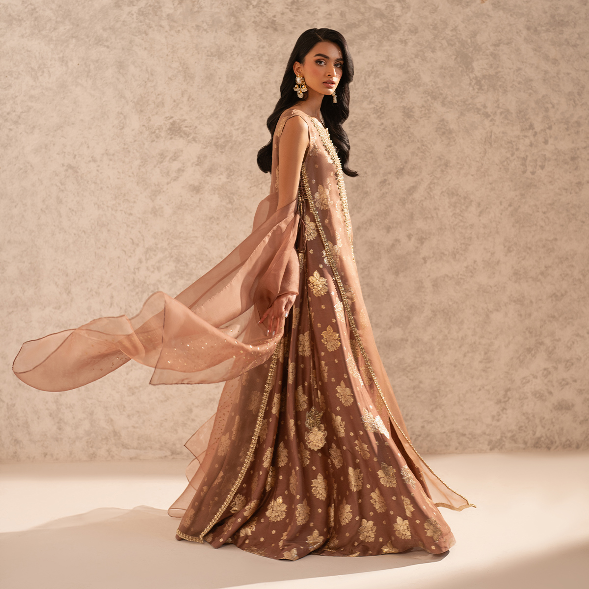 Pakistani Mocca Mousse Hand-Embellished Organza Net Pishwas (2-Piece) - Image 4