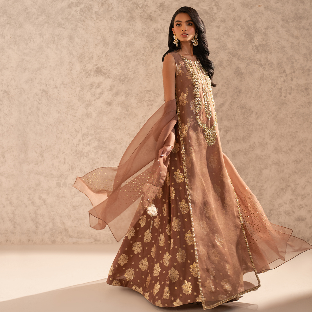 Pakistani Mocca Mousse Hand-Embellished Organza Net Pishwas (2-Piece) - Image 6