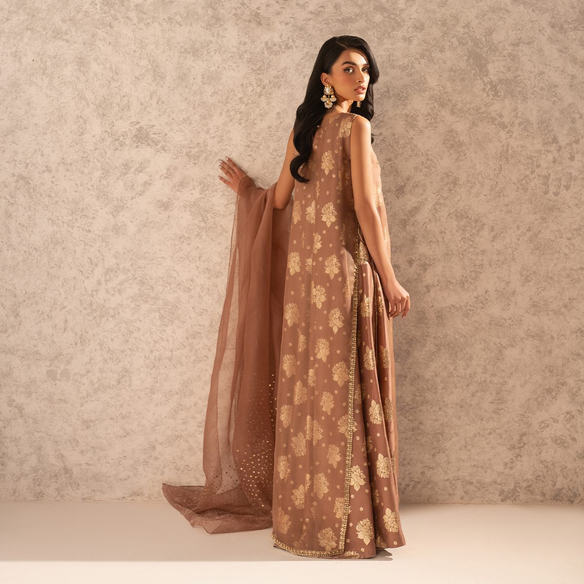 Pakistani Mocca Mousse Hand-Embellished Organza Net Pishwas (2-Piece) - Image 7