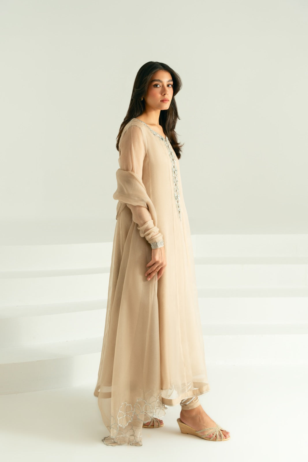 Taupe Silver Ada Work Pure Organza Pishwas (3-Piece) - Image 2