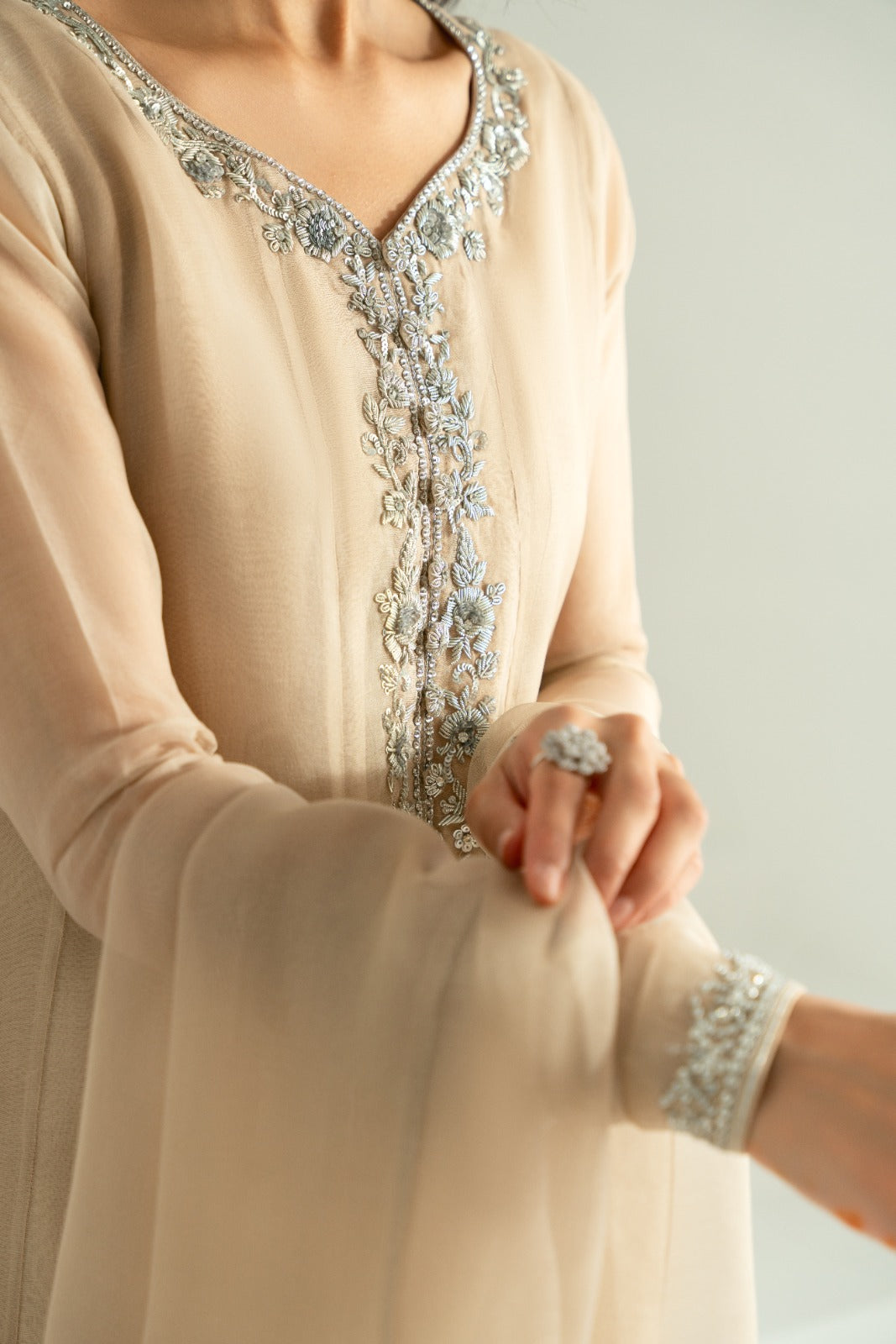 Taupe Silver Ada Work Pure Organza Pishwas (3-Piece) - Image 5