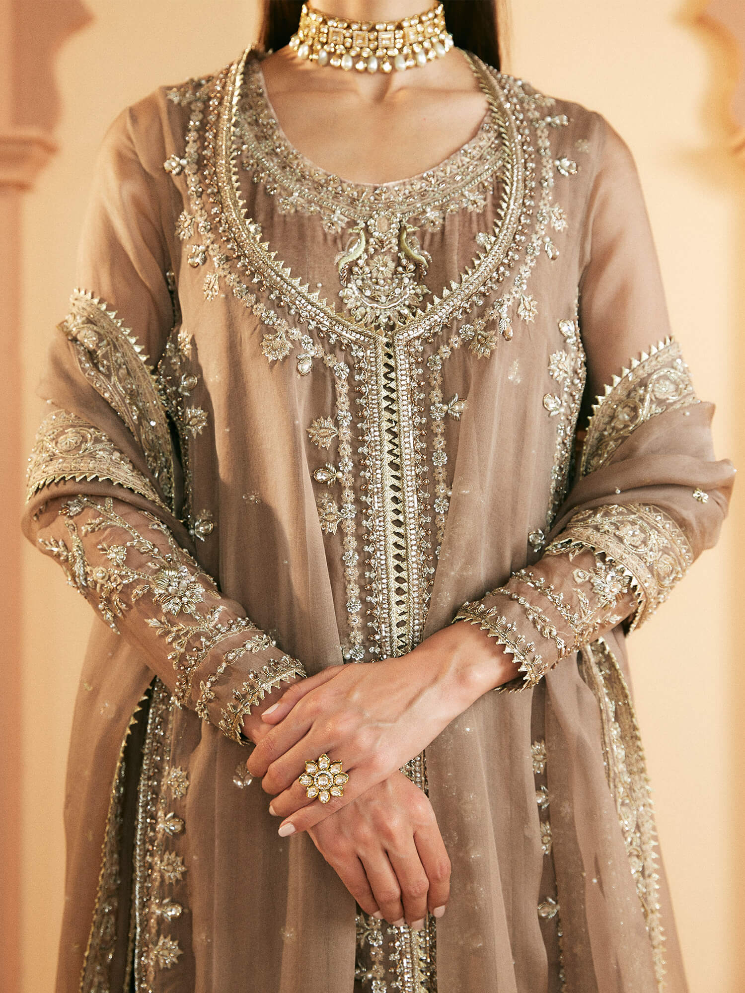 Pakistani Taupe Zardozi Embroidered Organza Velvet Pishwas (3-Piece) - Image 2