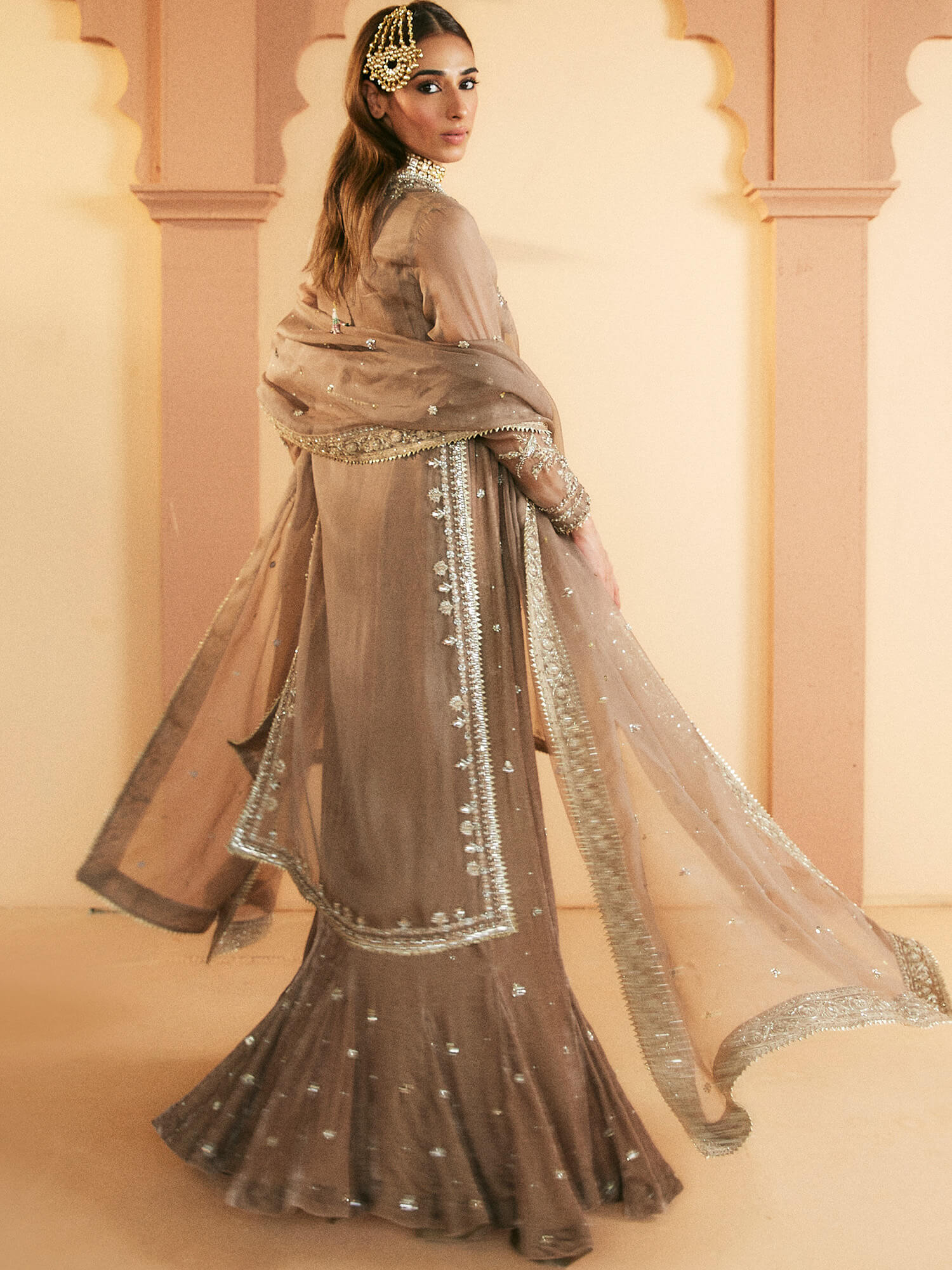 Pakistani Taupe Zardozi Embroidered Organza Velvet Pishwas (3-Piece) - Image 4